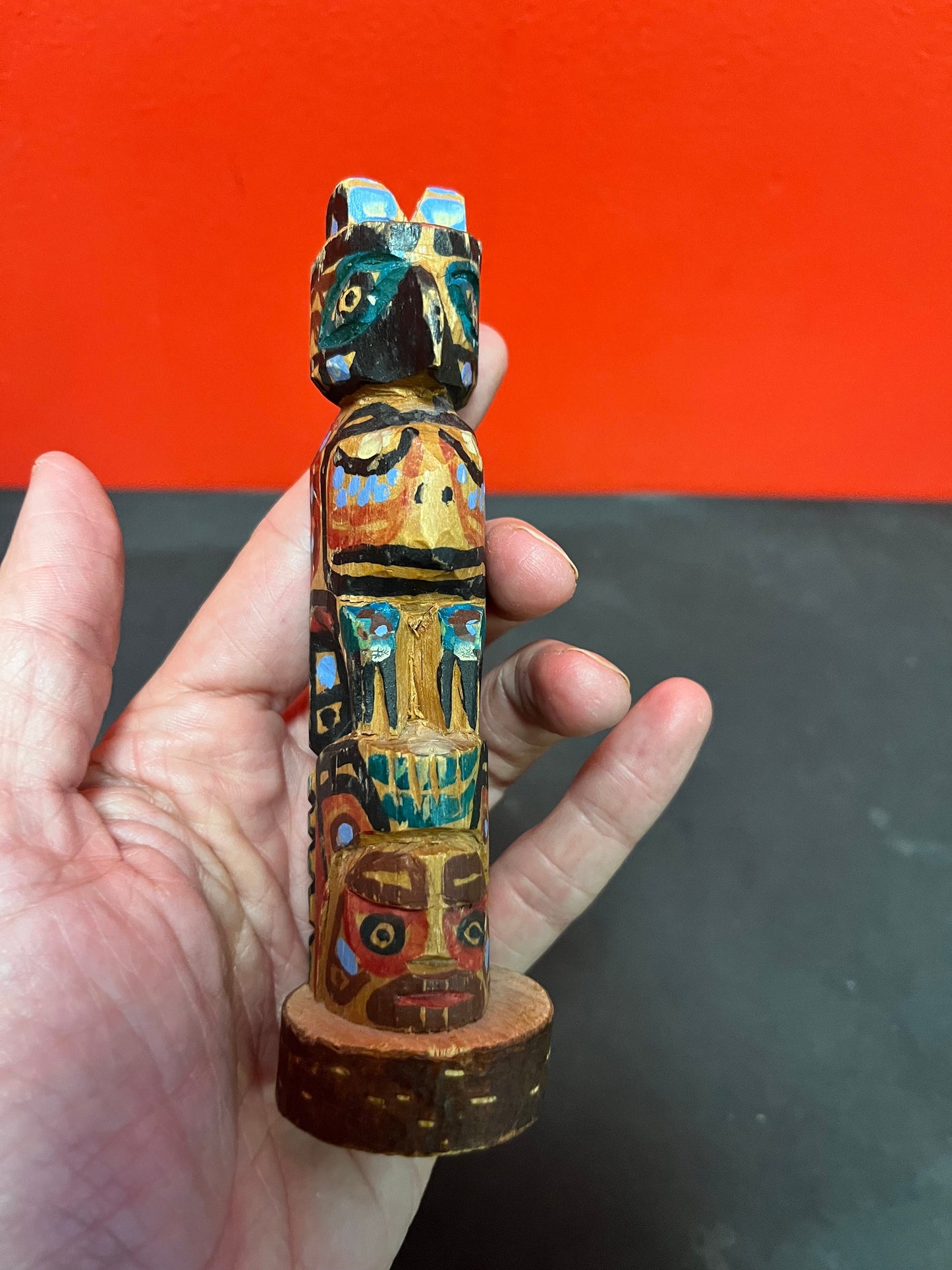 Lovely old 6 inch tall polychrome painted  folk art totem pole  indigenous first nation Pacific Northwest coast