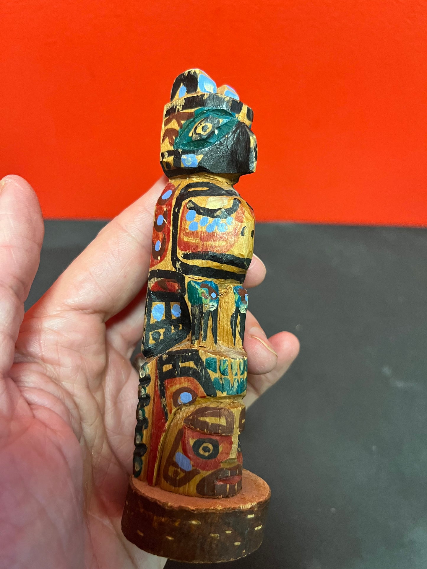 Lovely old 6 inch tall polychrome painted  folk art totem pole  indigenous first nation Pacific Northwest coast