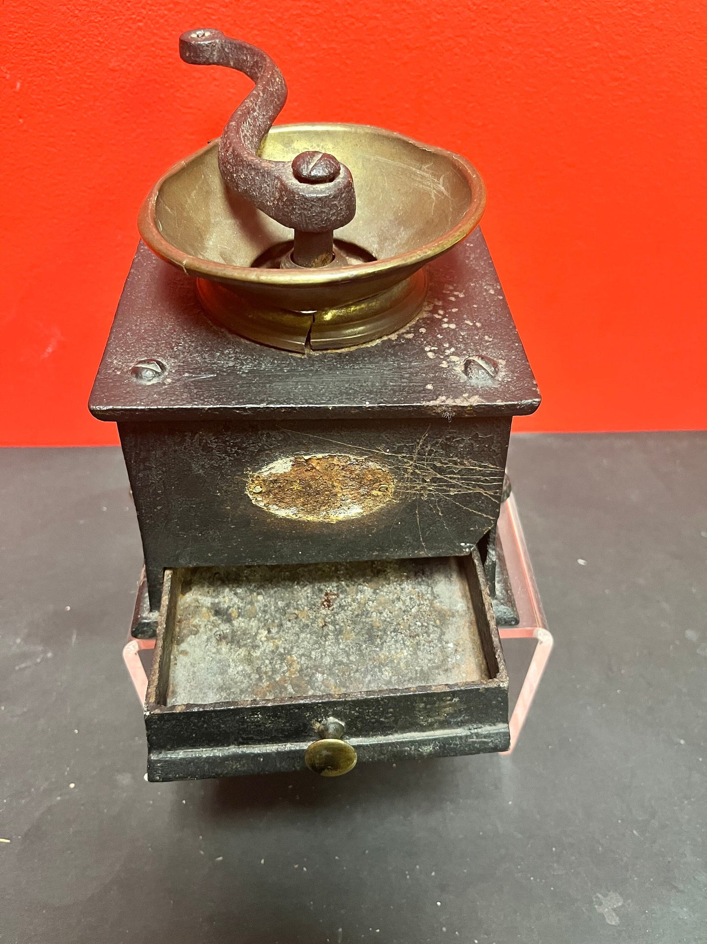 6 x 5 inches wide cast iron late 18th century cast iron and brass Baldwin coffee grinder  as is in antique condition!! See photos