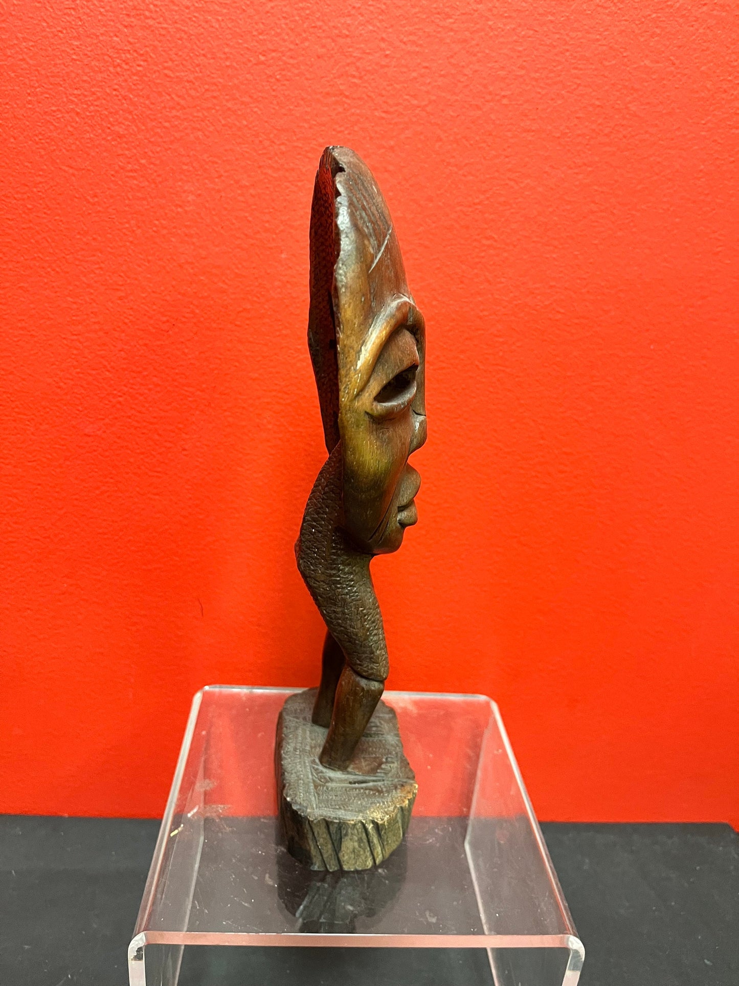 Beautiful 11 inch vintage African iron wood masked  man statue