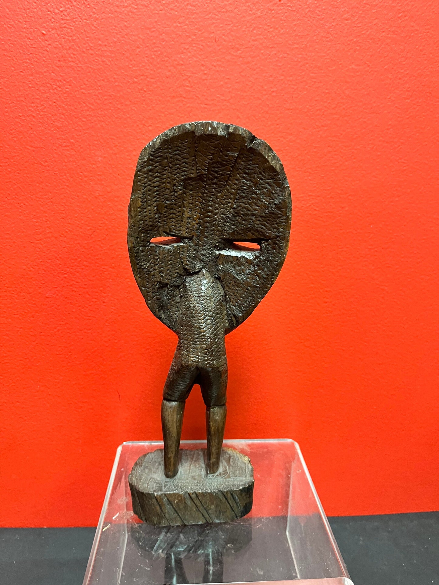 Beautiful 11 inch vintage African iron wood masked  man statue