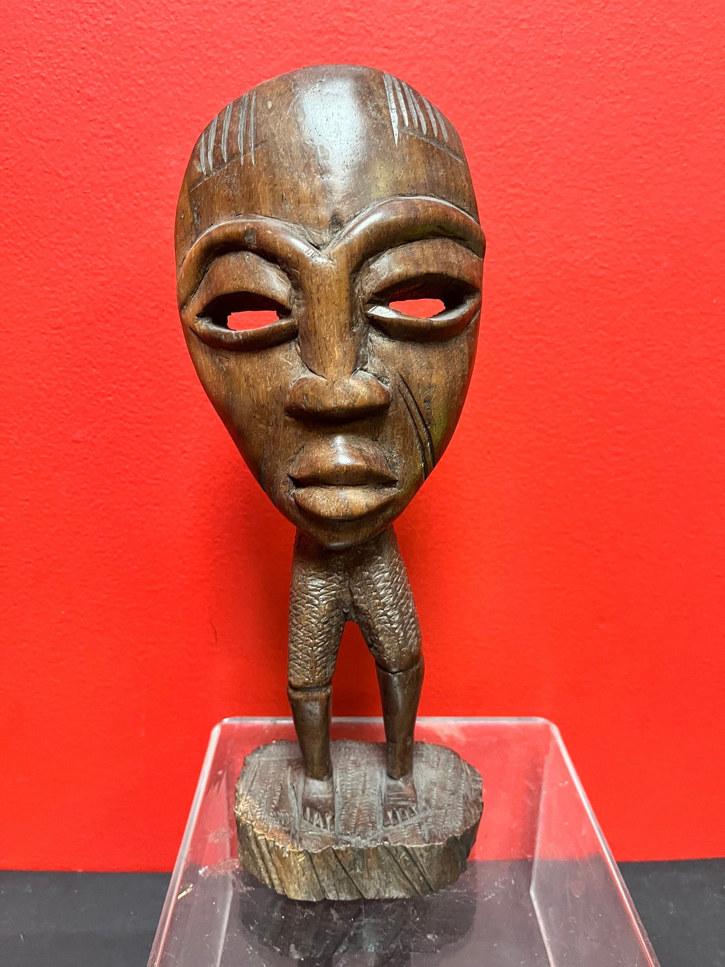 Beautiful 11 inch vintage African iron wood masked  man statue