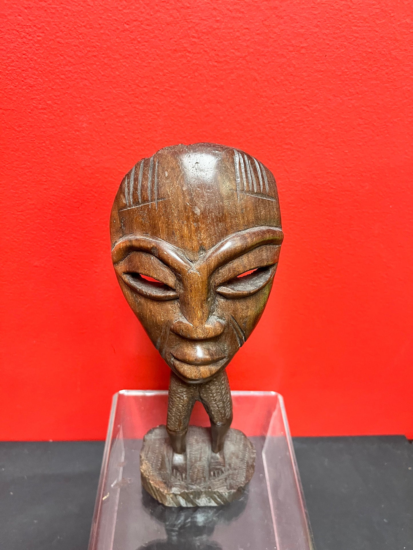 Beautiful 11 inch vintage African iron wood masked  man statue