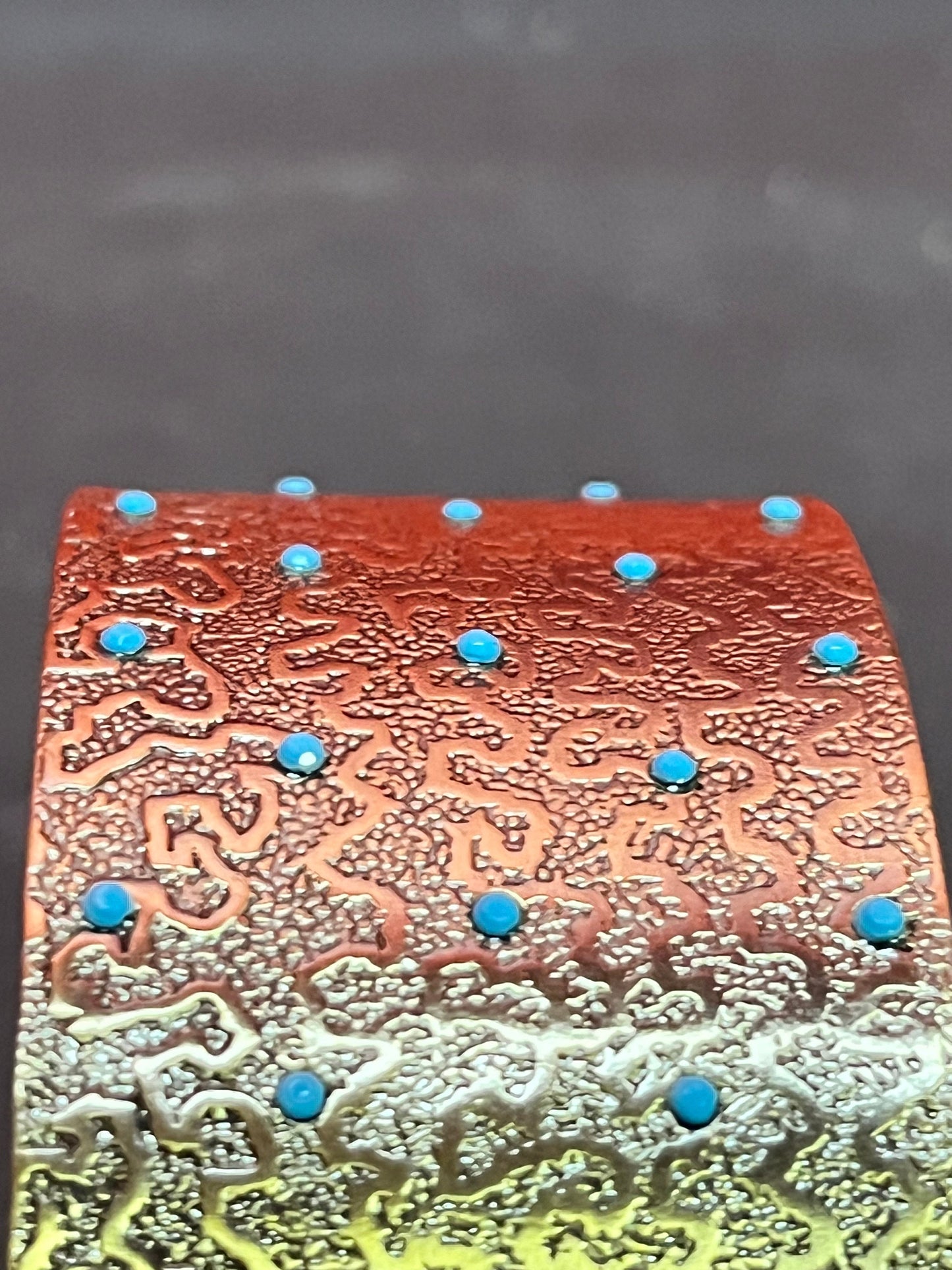 Lovely 2.5 inch wide metal and turquoise bracelet Cuff