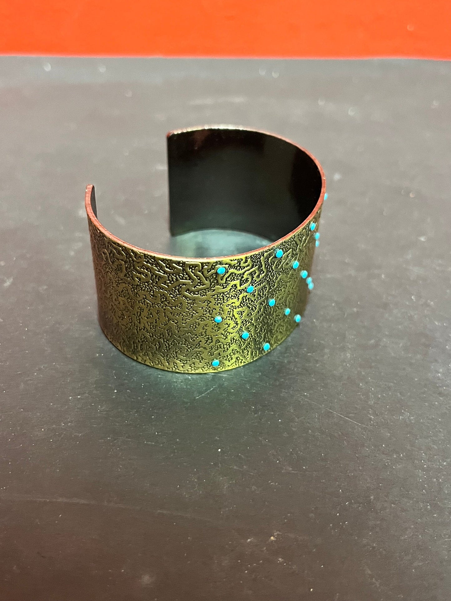 Lovely 2.5 inch wide metal and turquoise bracelet Cuff