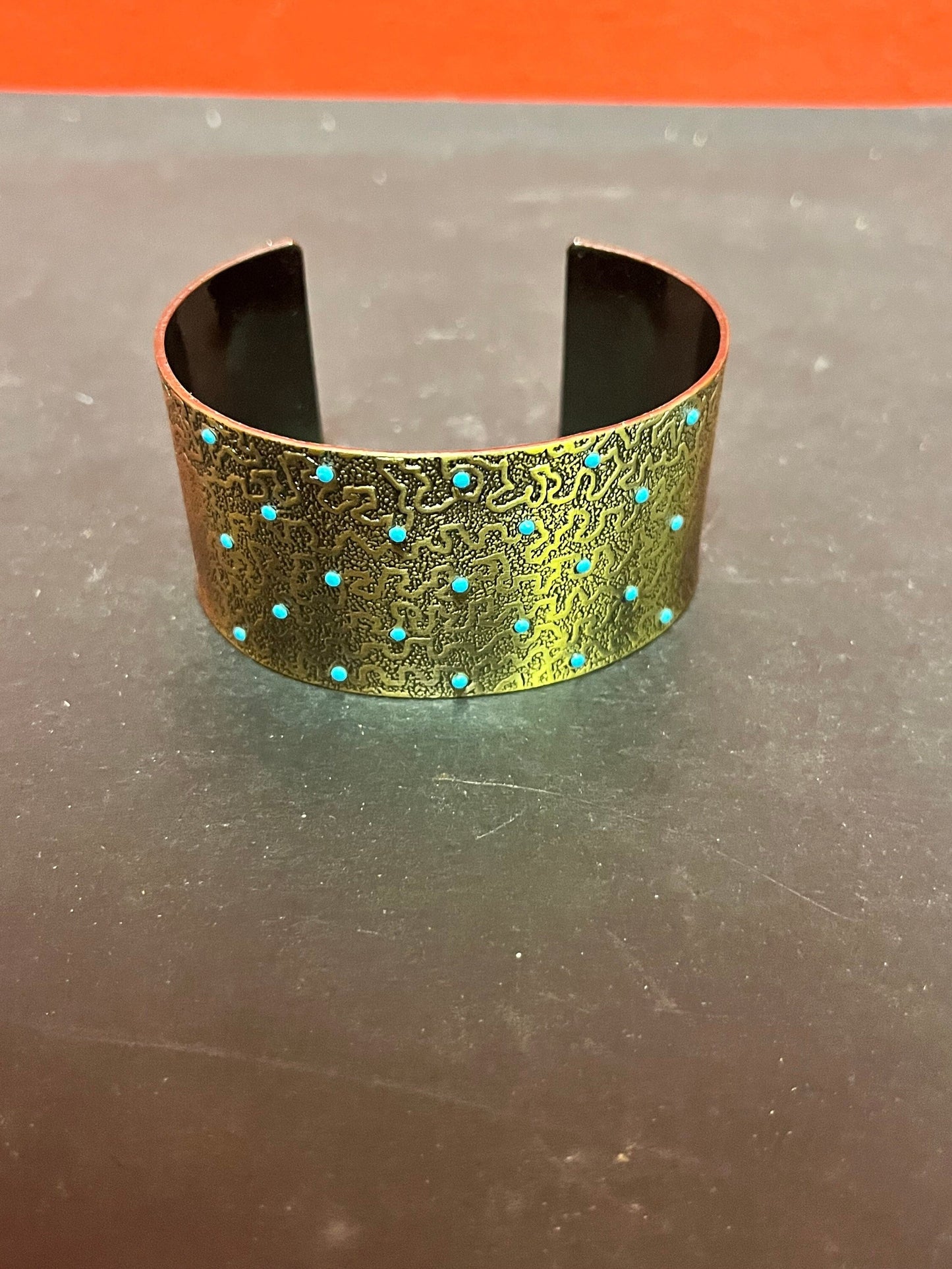 Lovely 2.5 inch wide metal and turquoise bracelet Cuff