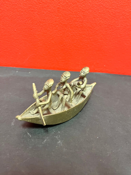 5 inch long  African Ashanti bronze men rowing a canoe  lovely detail