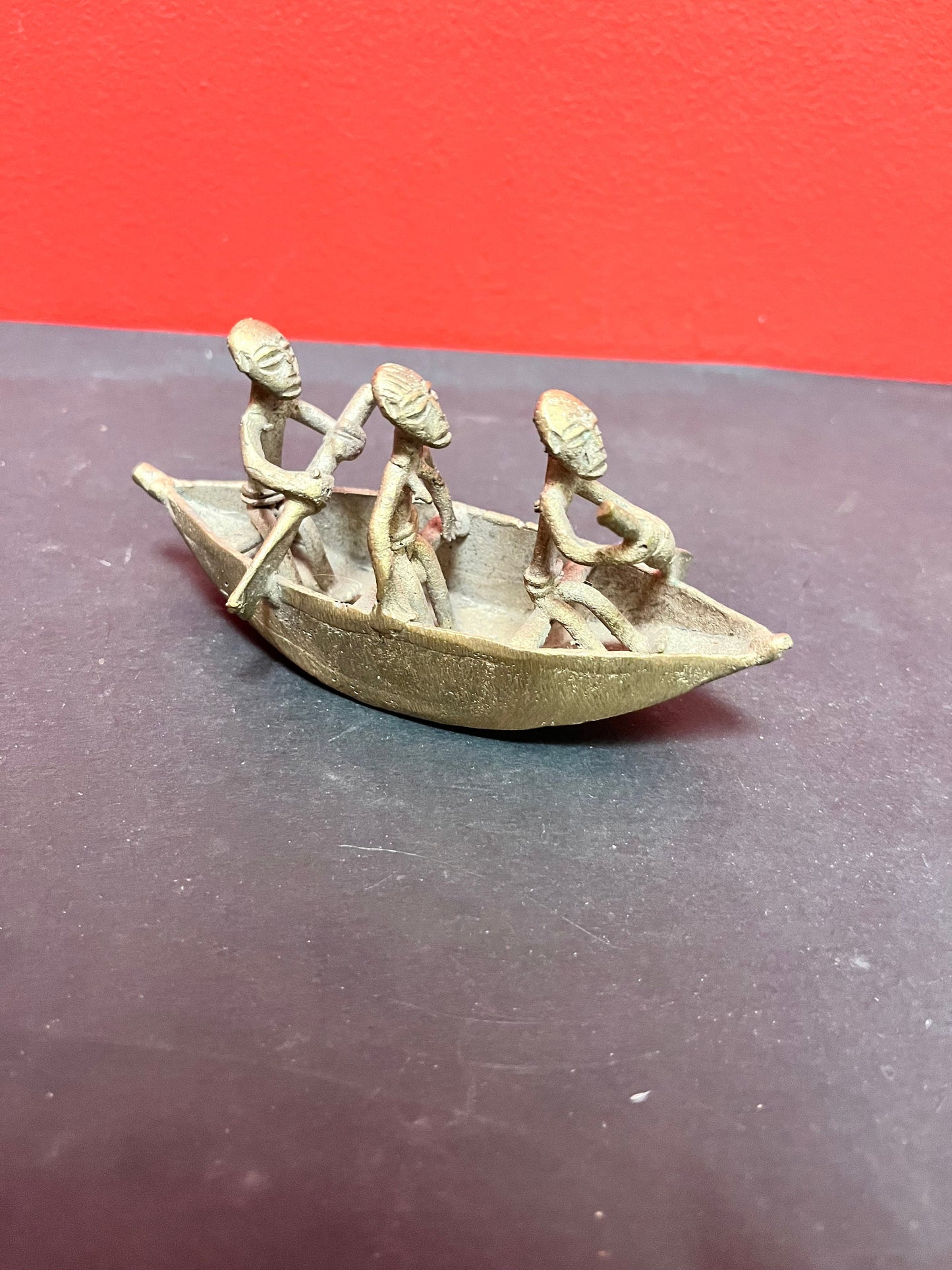 5 inch long  African Ashanti bronze men rowing a canoe  lovely detail