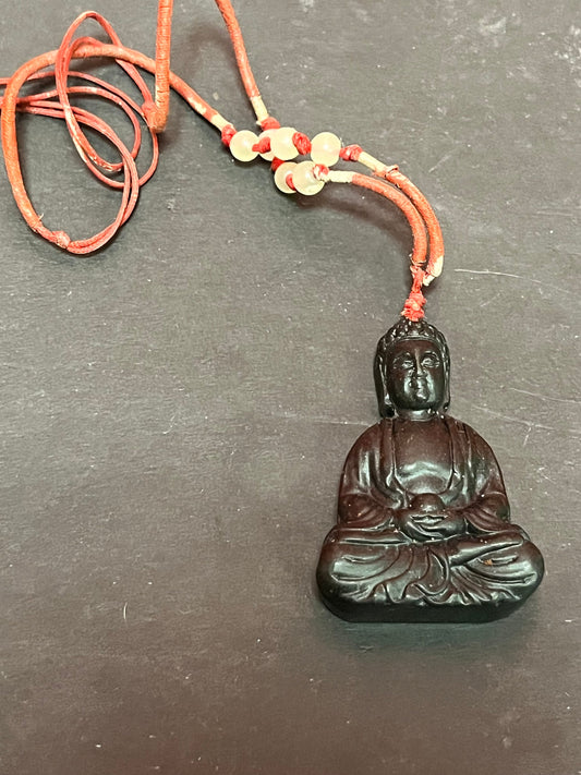 2.5 inch long older Asian black stone, Buddha pendant with original necklace   lovely detail