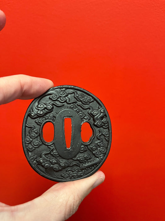 A  Lovely 3 inch Japanese samurai cast iron  tsuba  vintage beauty from collection