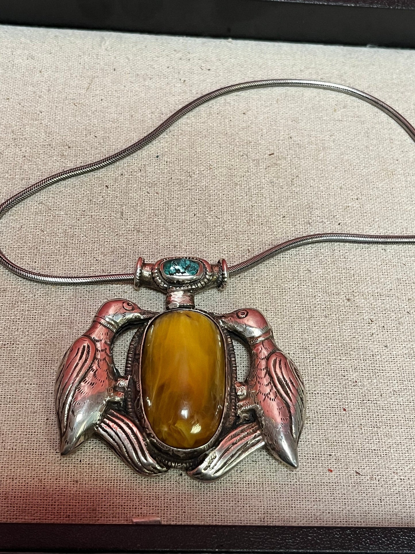 Huge Navajo sterling silver 3 inch pendant with inset turquoise and amber like stone   comes with silver chain  amazing piece