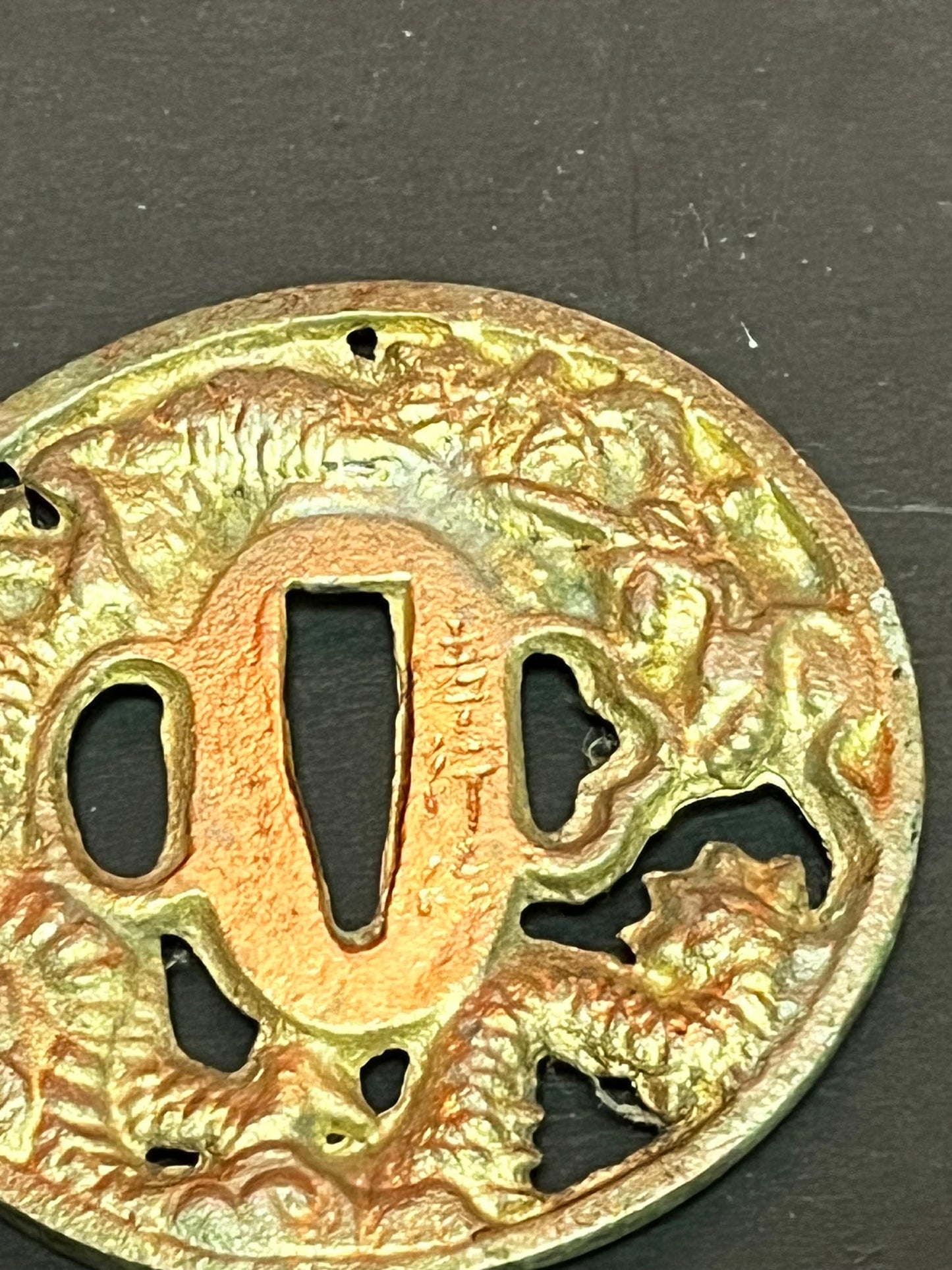 Lovely 3 inch gilded metal signed Japanese  tsuba  from large collection