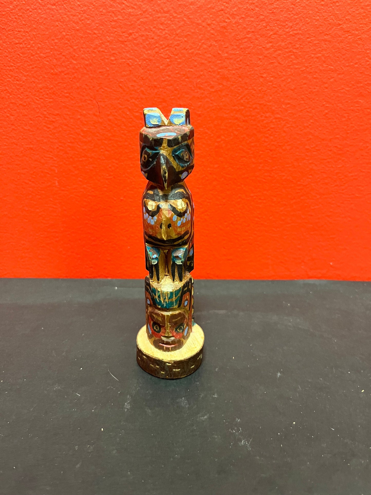 Lovely old 6 inch tall polychrome painted  folk art totem pole  indigenous first nation Pacific Northwest coast