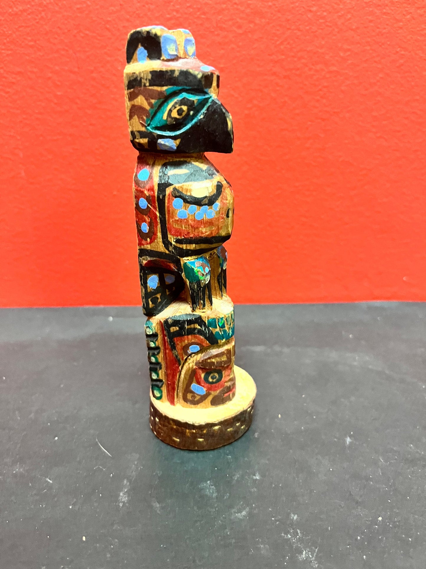 Lovely old 6 inch tall polychrome painted  folk art totem pole  indigenous first nation Pacific Northwest coast