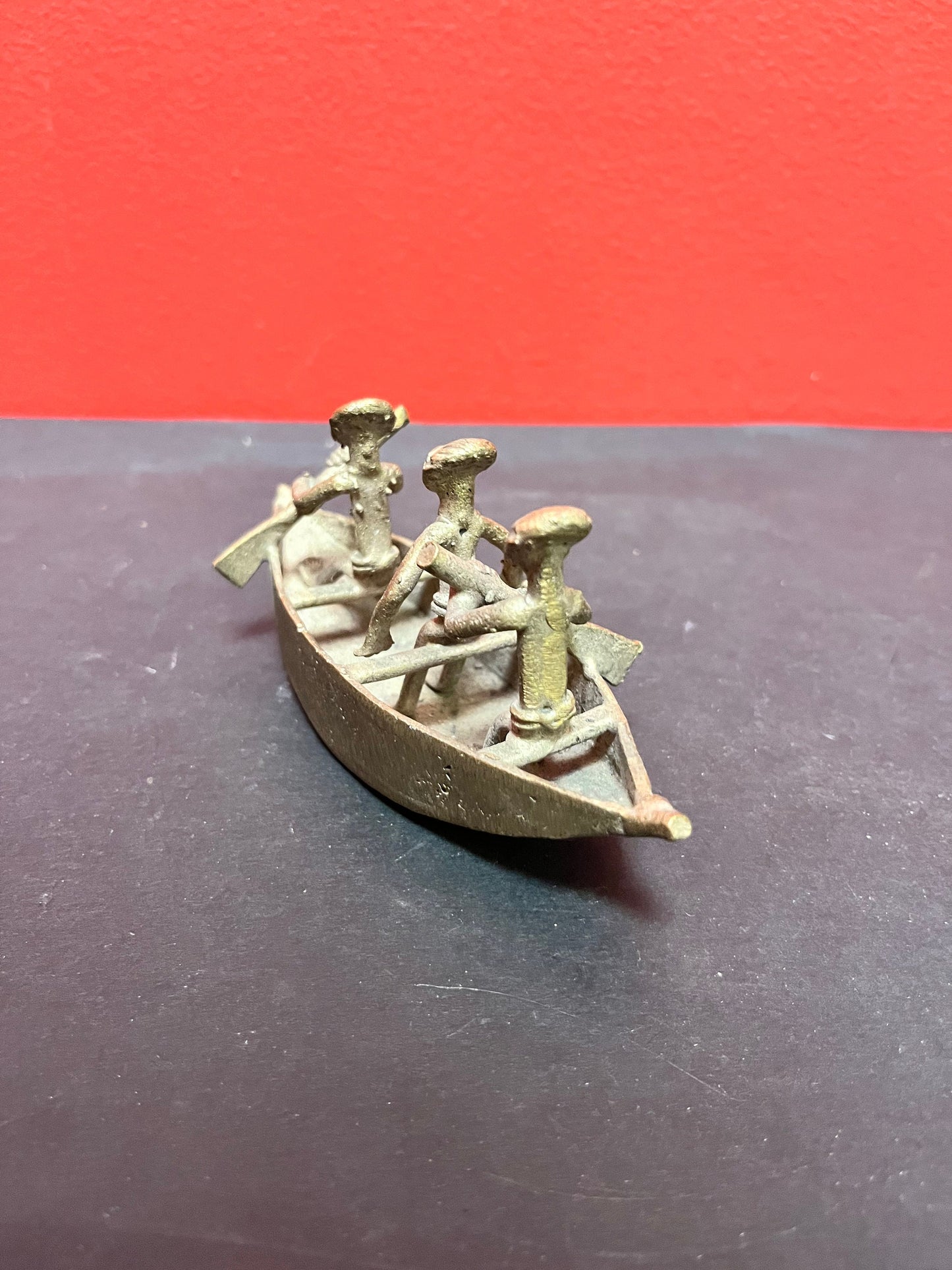 5 inch long  African Ashanti bronze men rowing a canoe  lovely detail