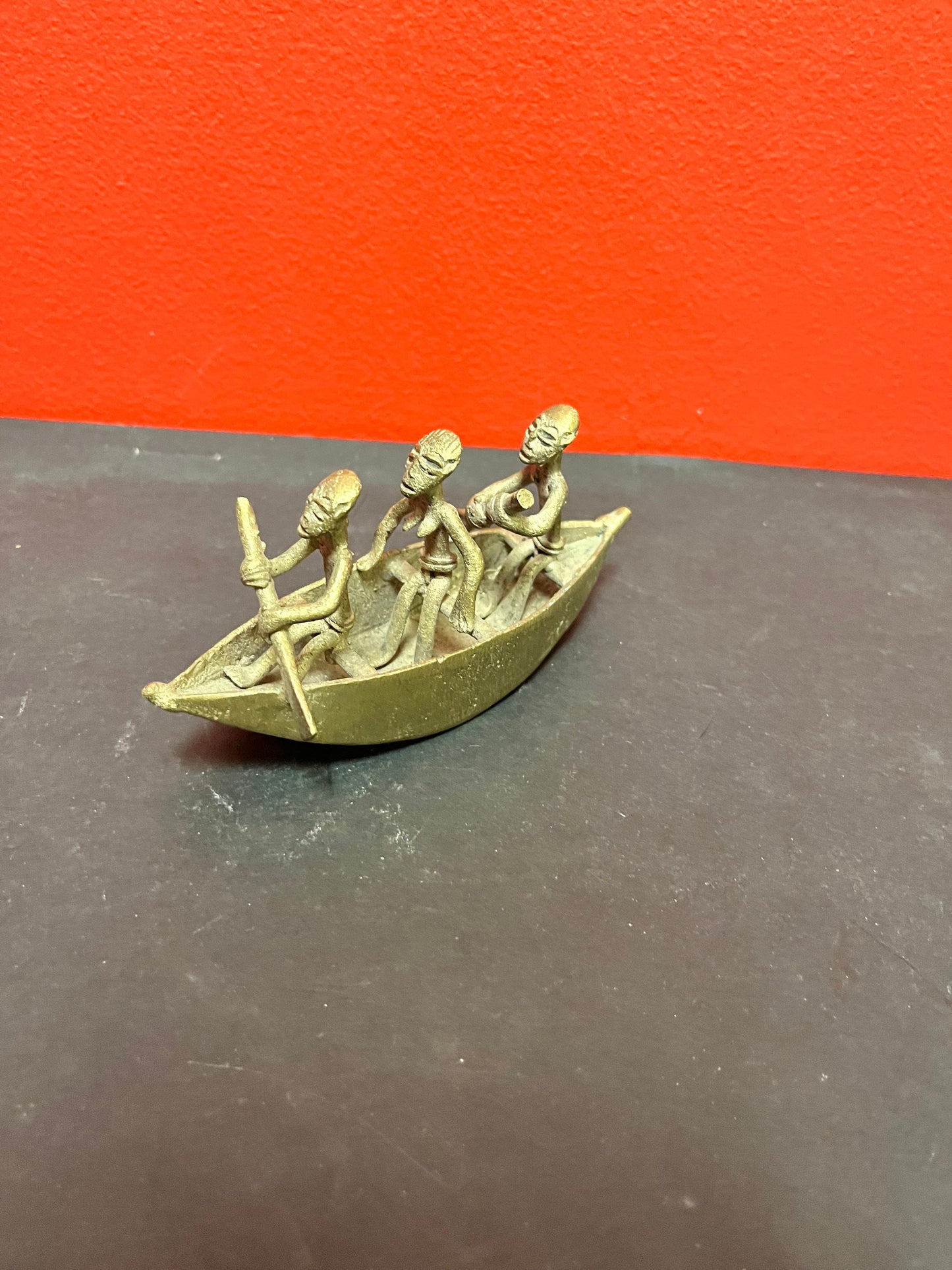 5 inch long  African Ashanti bronze men rowing a canoe  lovely detail