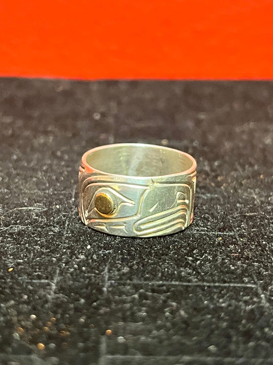 Lovely size 11 indigenous First Nations  pacific northwest coast  sterling and gold ring  wow