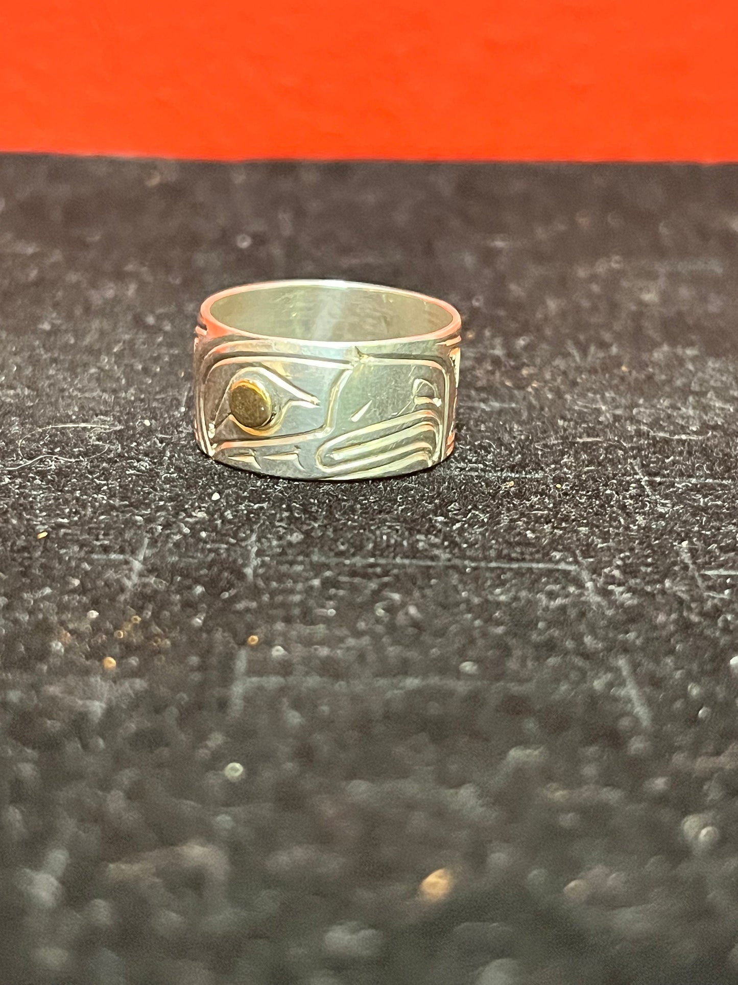 Lovely size 11 indigenous First Nations  pacific northwest coast  sterling and gold ring  wow