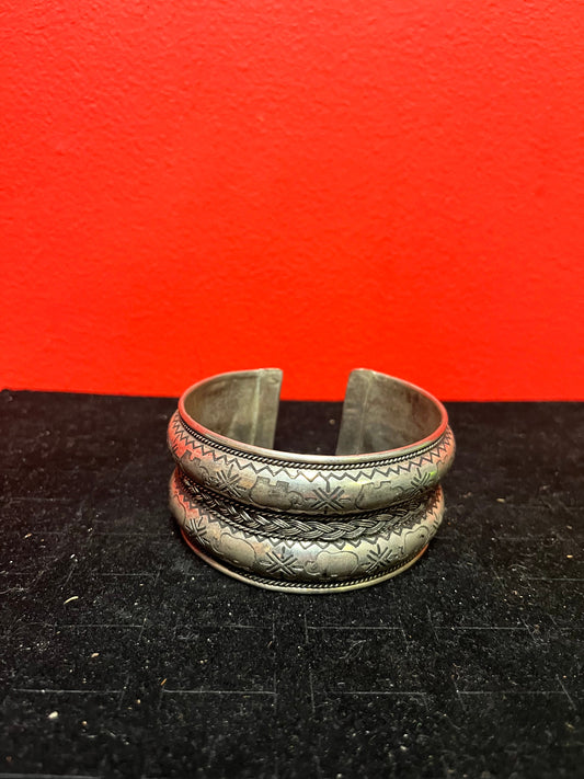 Lodge 3 inch wide, untested Middle Eastern, silver bangle - statement piece