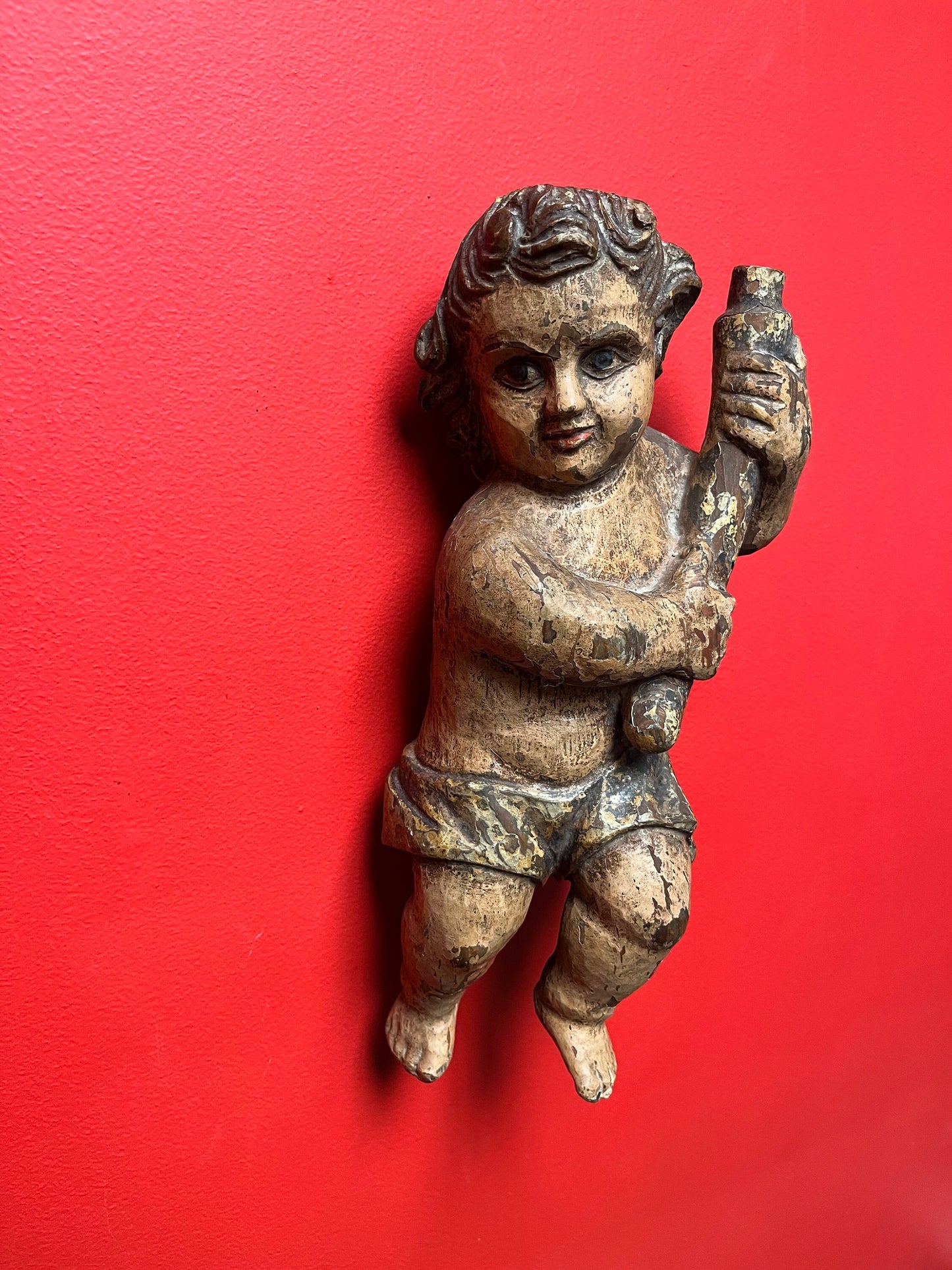 magnificent 14 inch tall late 19 century Spanish polychrome cherub plaque  wonderful provenance on back  exquisite patina