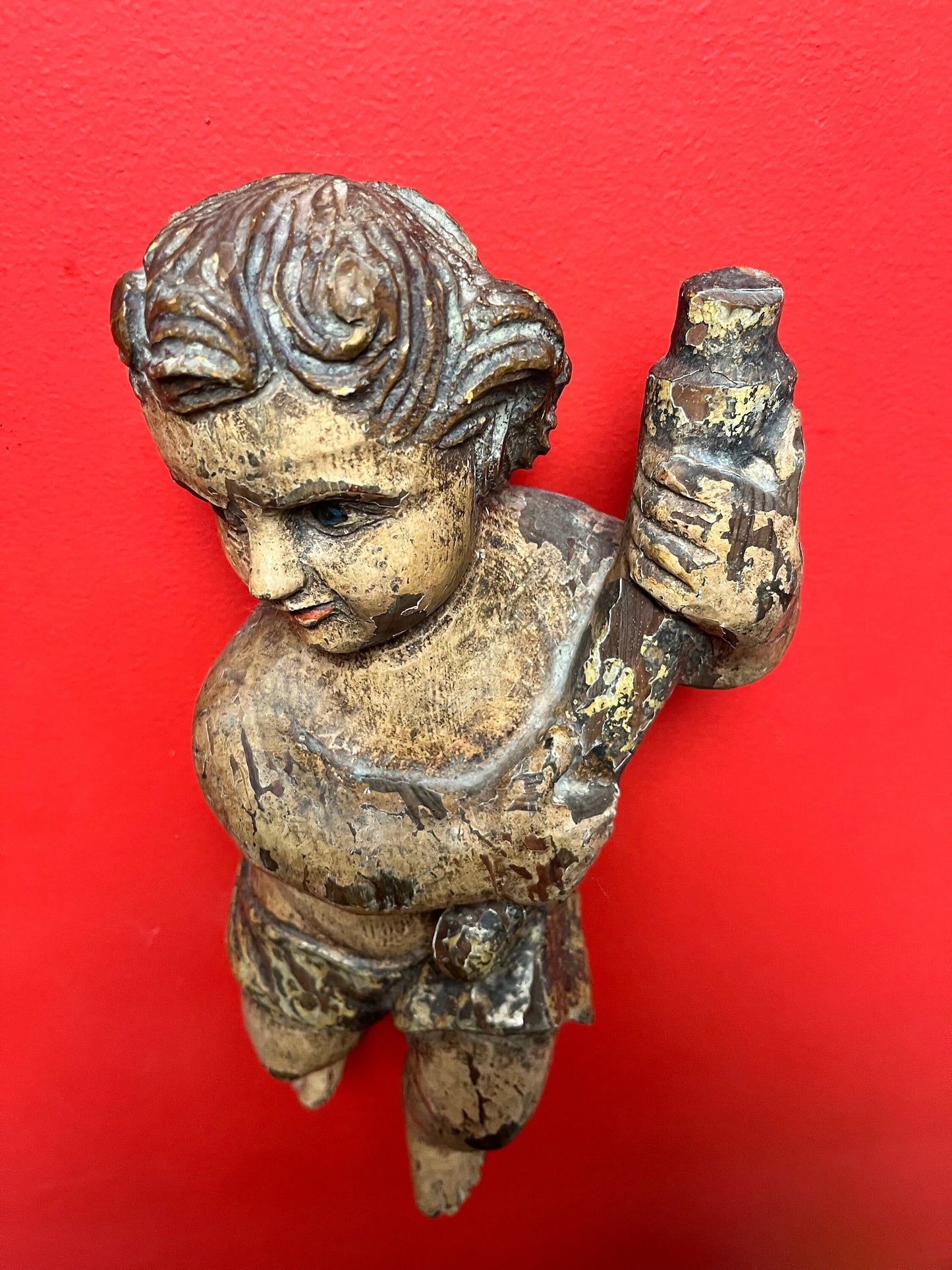 magnificent 14 inch tall late 19 century Spanish polychrome cherub plaque  wonderful provenance on back  exquisite patina