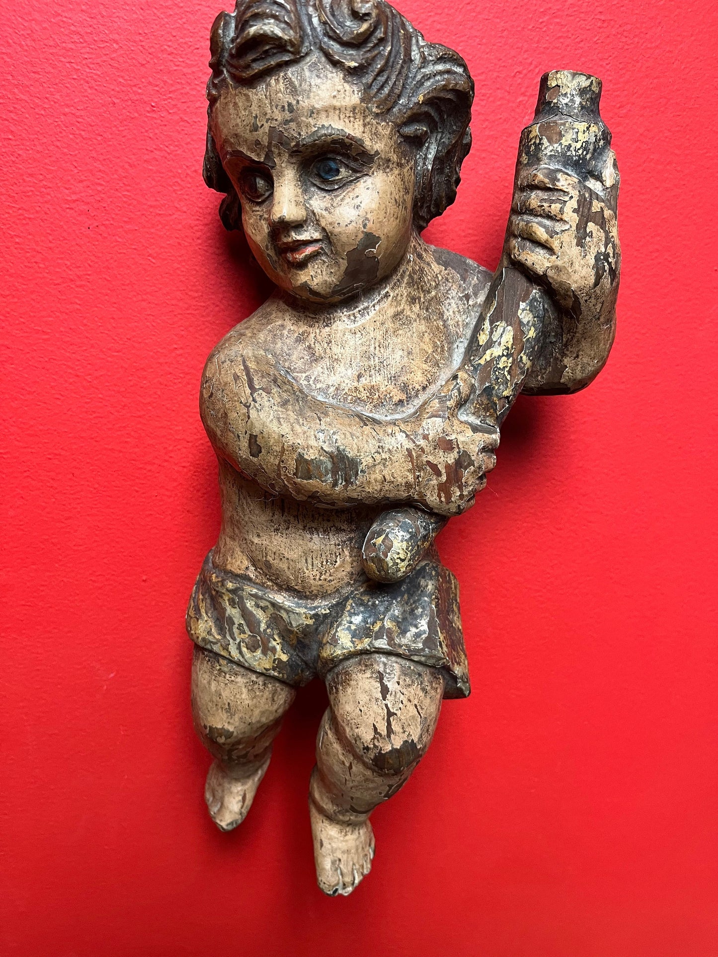 magnificent 14 inch tall late 19 century Spanish polychrome cherub plaque  wonderful provenance on back  exquisite patina