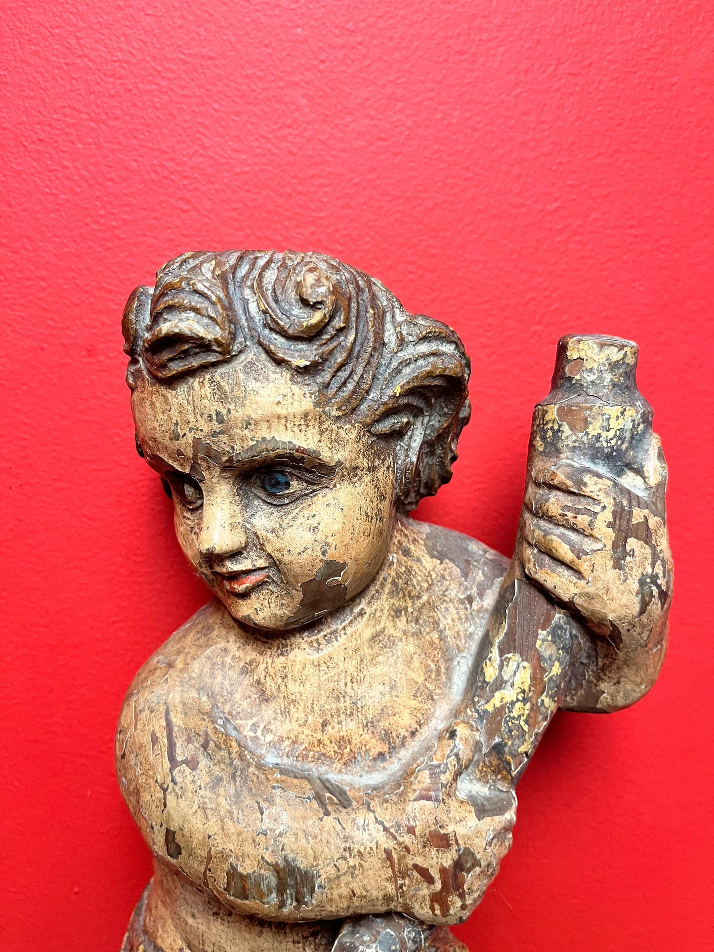 magnificent 14 inch tall late 19 century Spanish polychrome cherub plaque  wonderful provenance on back  exquisite patina