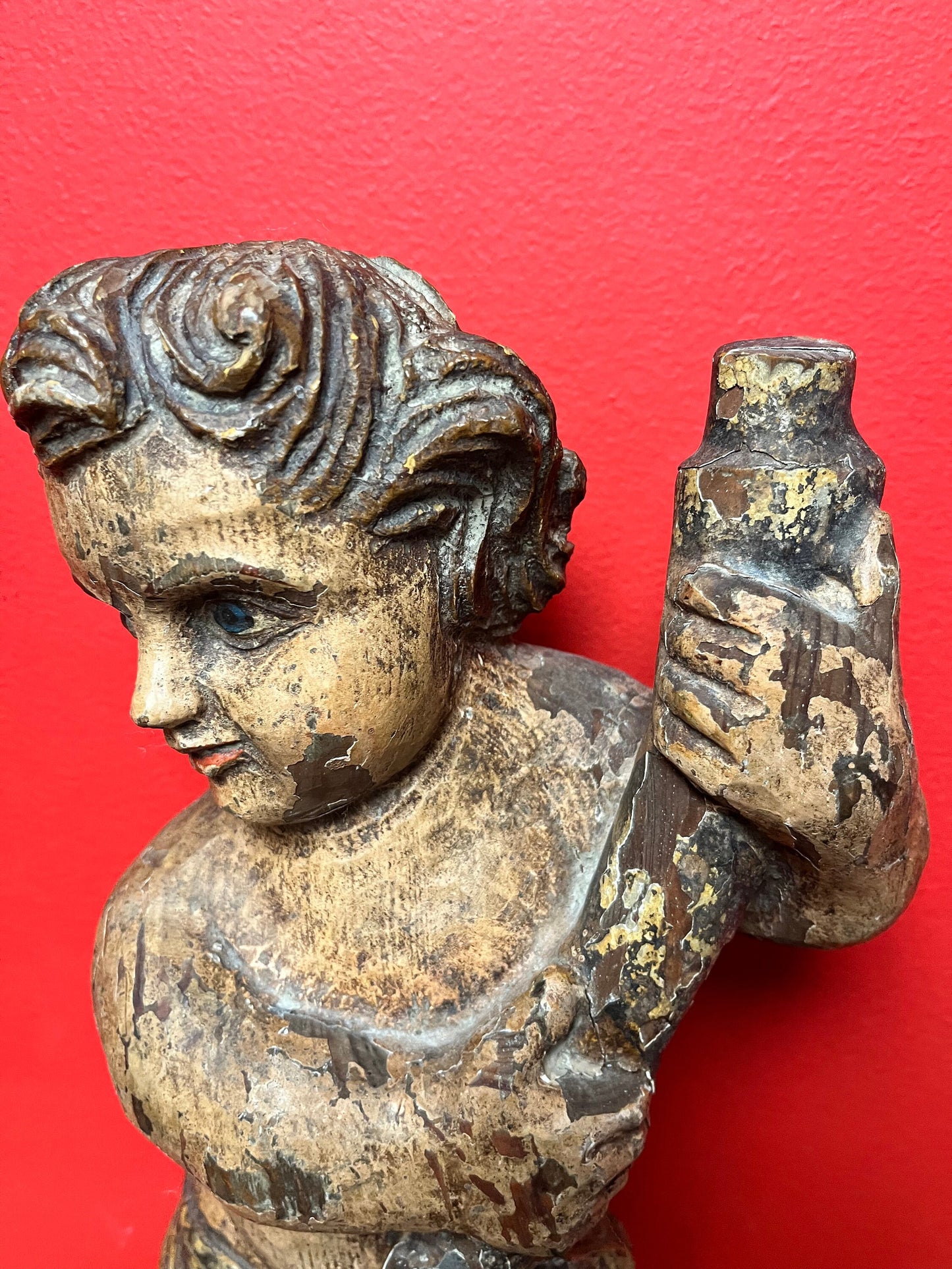 magnificent 14 inch tall late 19 century Spanish polychrome cherub plaque  wonderful provenance on back  exquisite patina