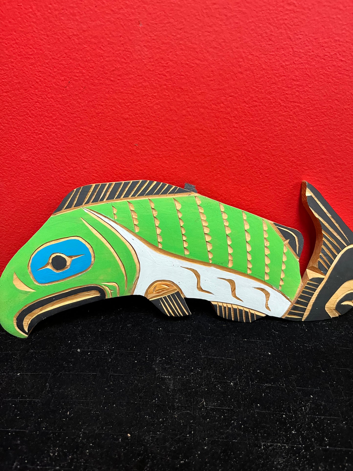 12 inch signed indigenous first nations northwest coast painted salmon  lovely colour and detail  ready to hang