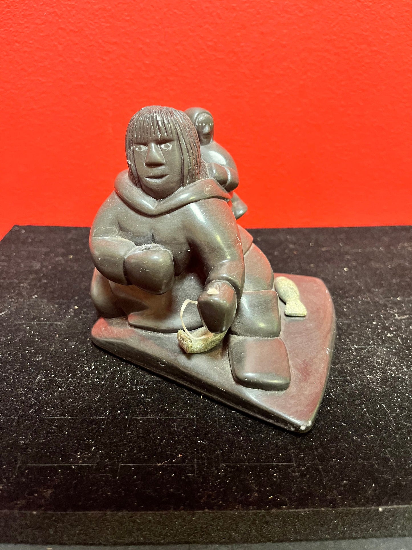 4 x 5 inch lovely indigenous Inuit soapstone statue  signed  great detail  wow