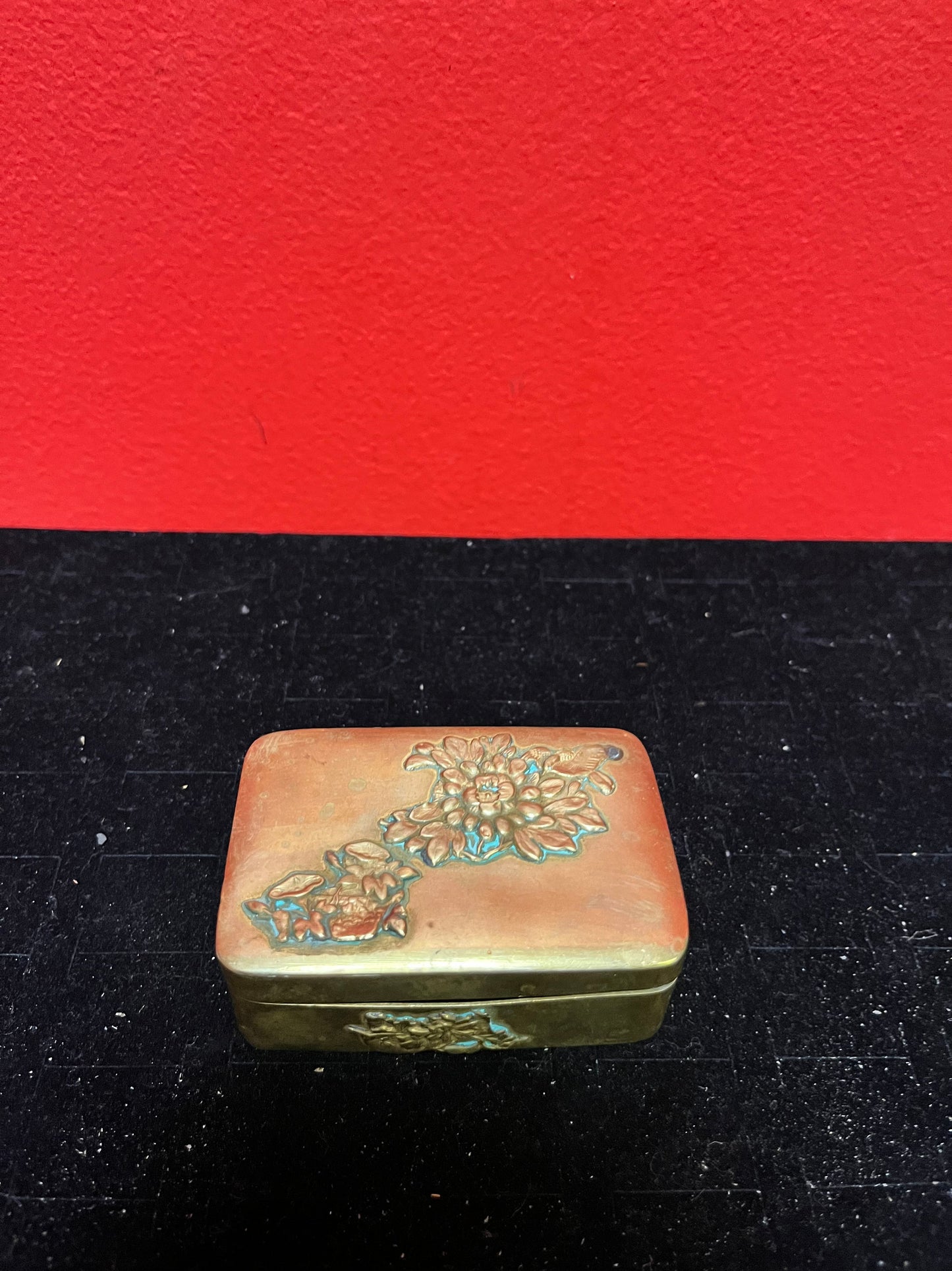 3 x 2 x 1 high Japanese brass stamp box   great patina  antique beauty  little finicky to close  Japanese chrysanthemums