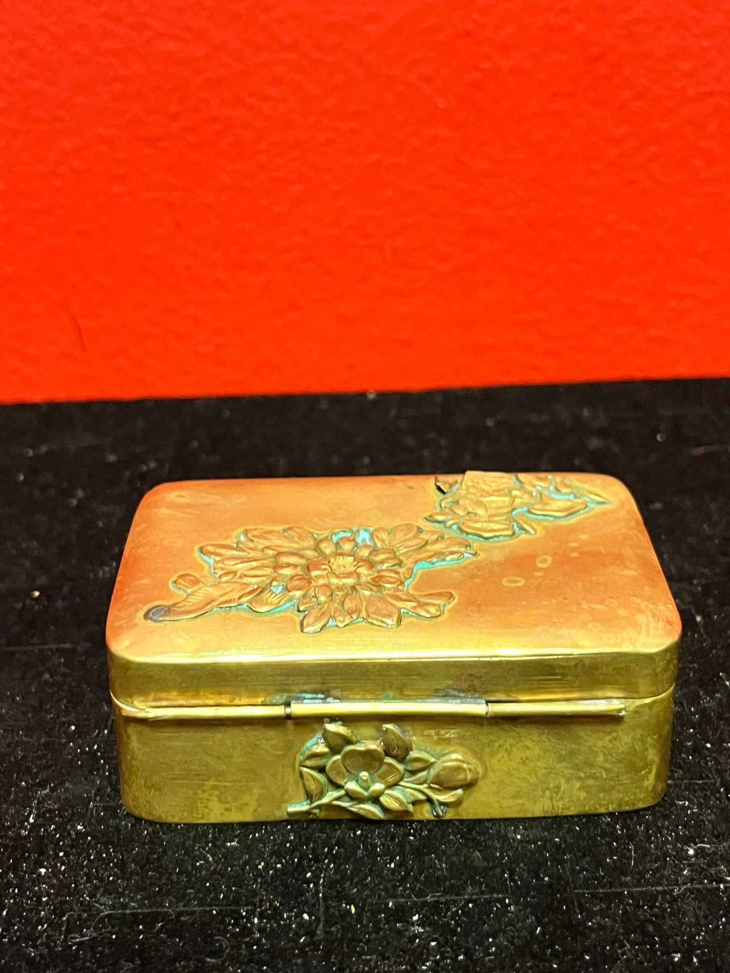 3 x 2 x 1 high Japanese brass stamp box   great patina  antique beauty  little finicky to close  Japanese chrysanthemums