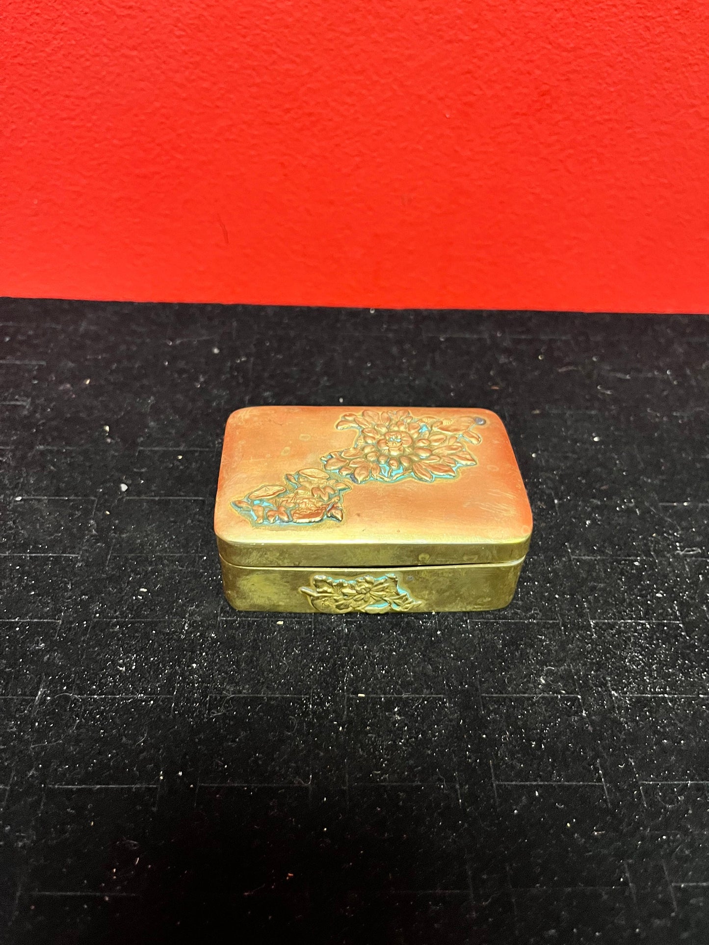 3 x 2 x 1 high Japanese brass stamp box   great patina  antique beauty  little finicky to close  Japanese chrysanthemums