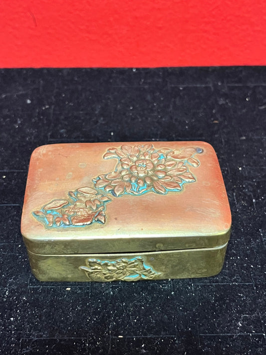 3 x 2 x 1 high Japanese brass stamp box   great patina  antique beauty  little finicky to close  Japanese chrysanthemums