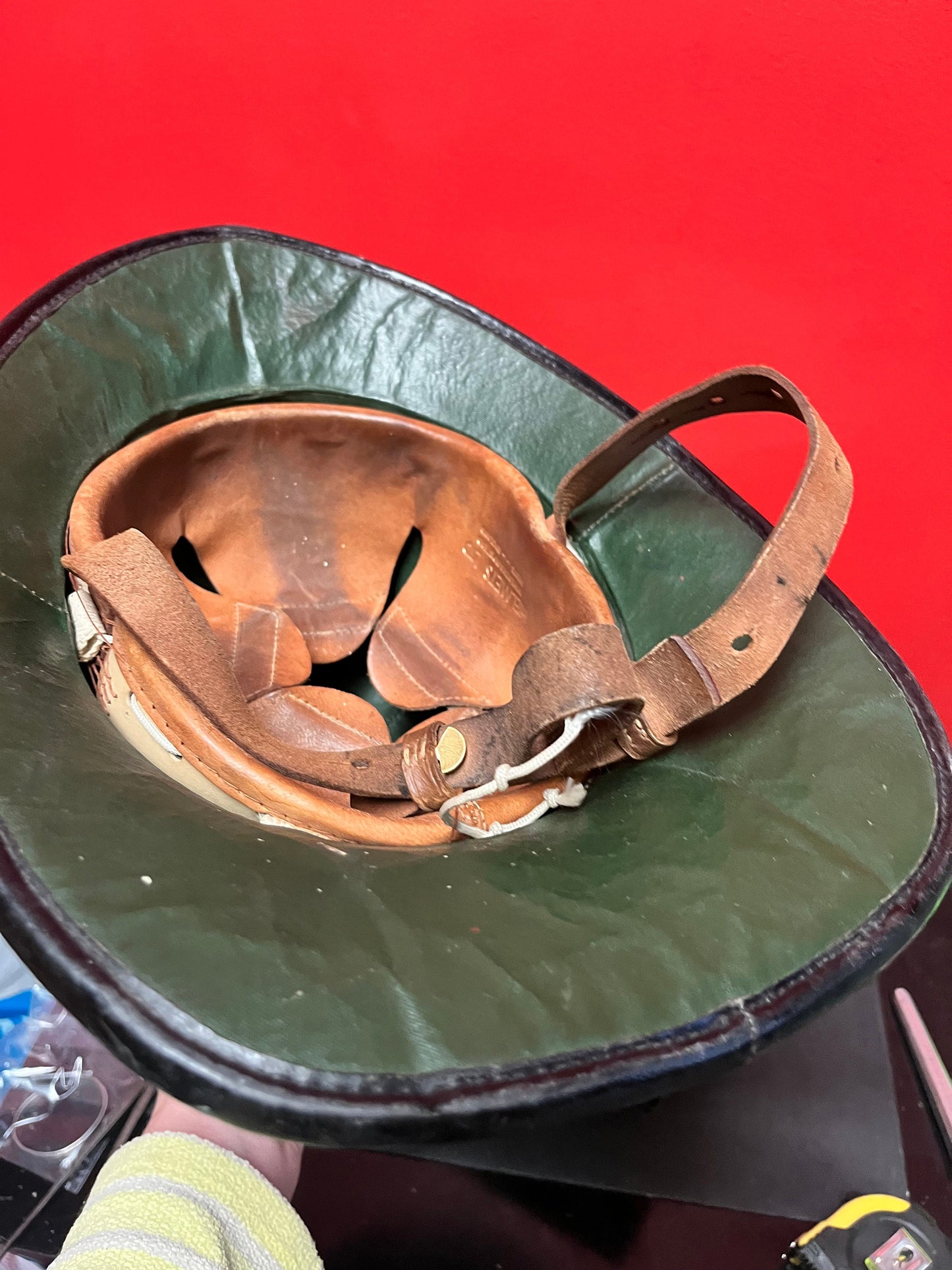 Stunning  antique 15 x 11 English fireman helmet in fabulous condition  approximate 9 by 7  inside measurements  original strap - wow