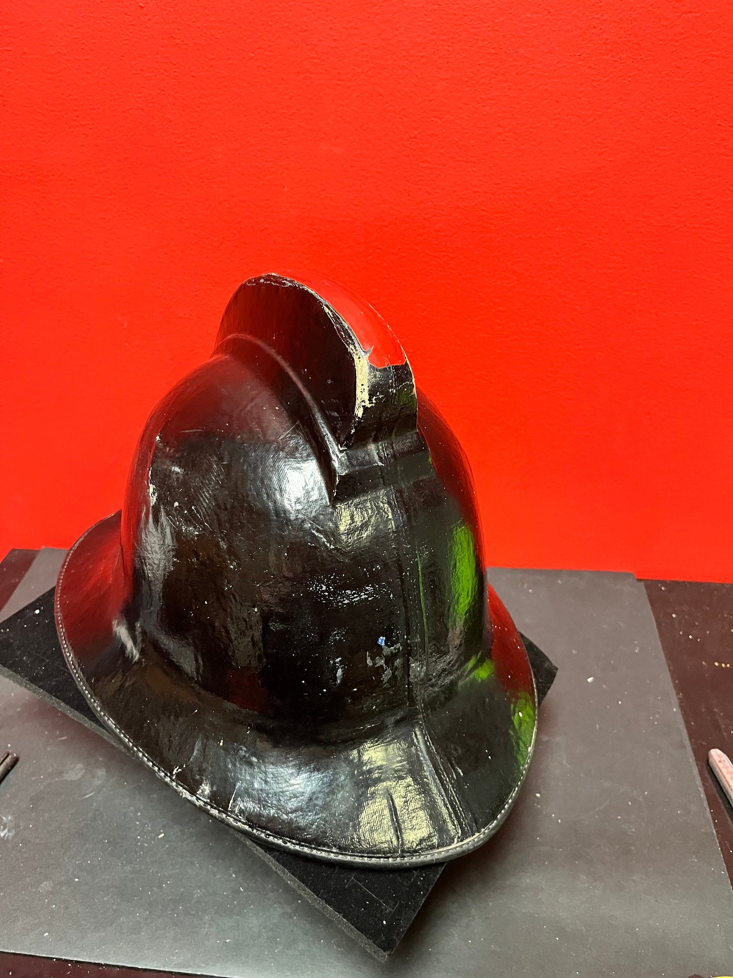 Stunning  antique 15 x 11 English fireman helmet in fabulous condition  approximate 9 by 7  inside measurements  original strap - wow