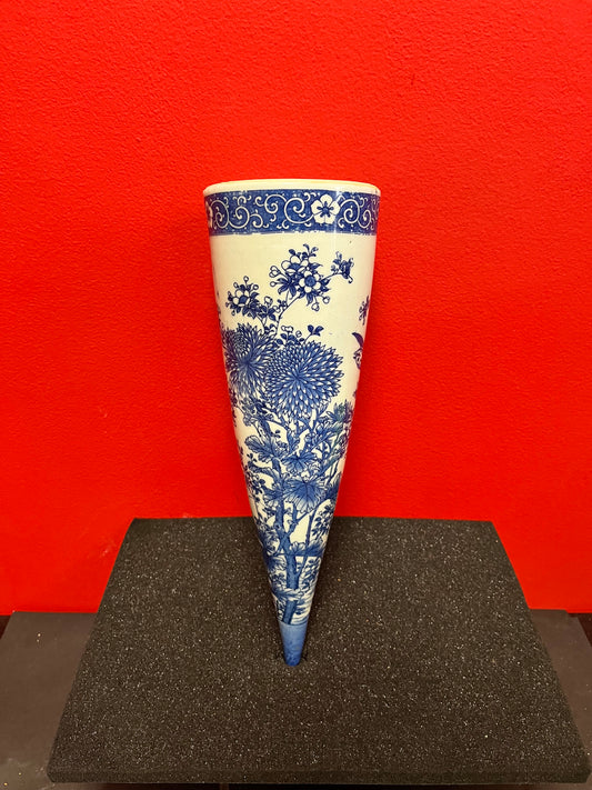 13 inch tall, antique Chinese, beautiful blue and white wall hanging vase with a crack