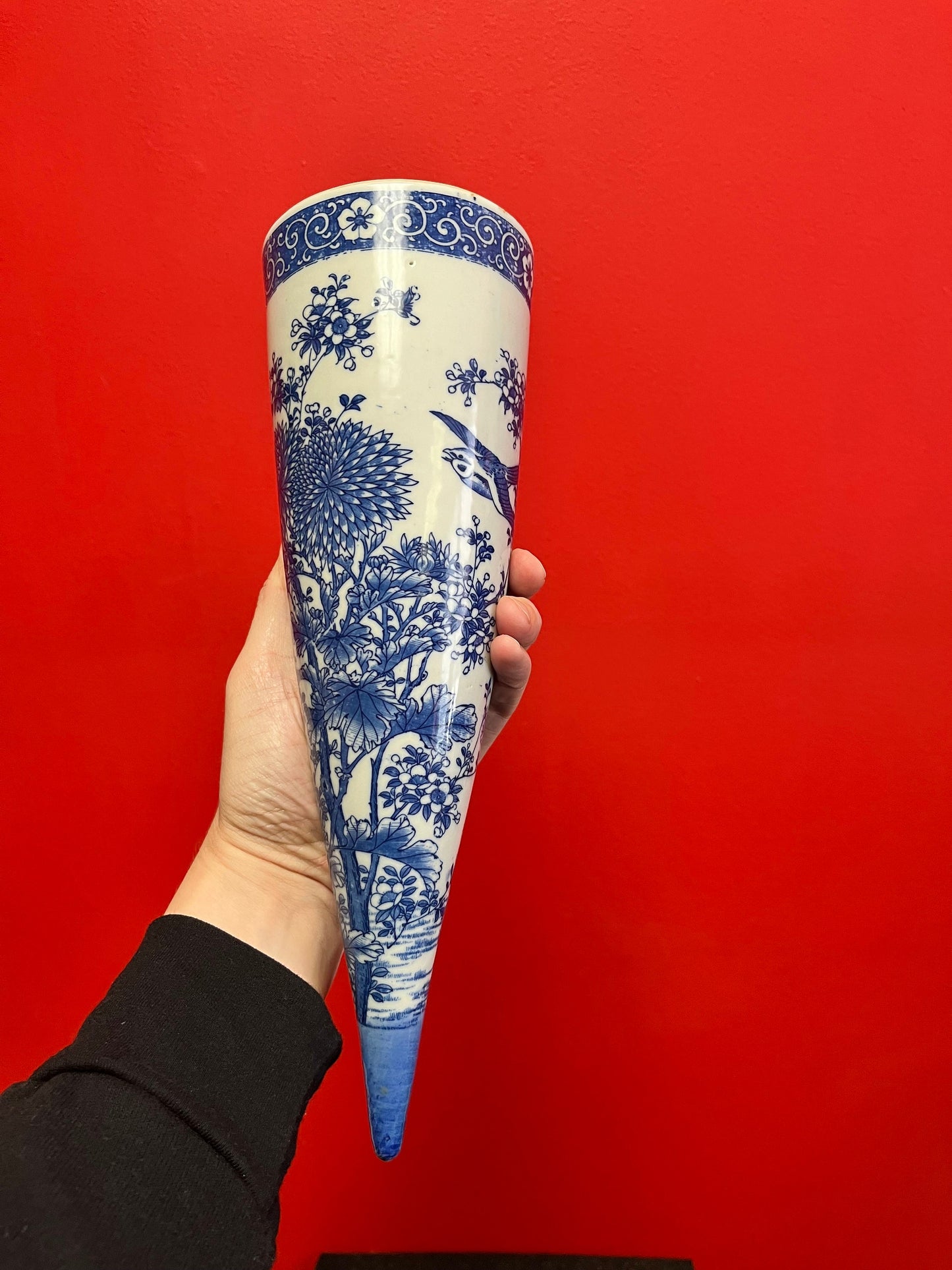 13 inch tall, antique Chinese, beautiful blue and white wall hanging vase with a crack