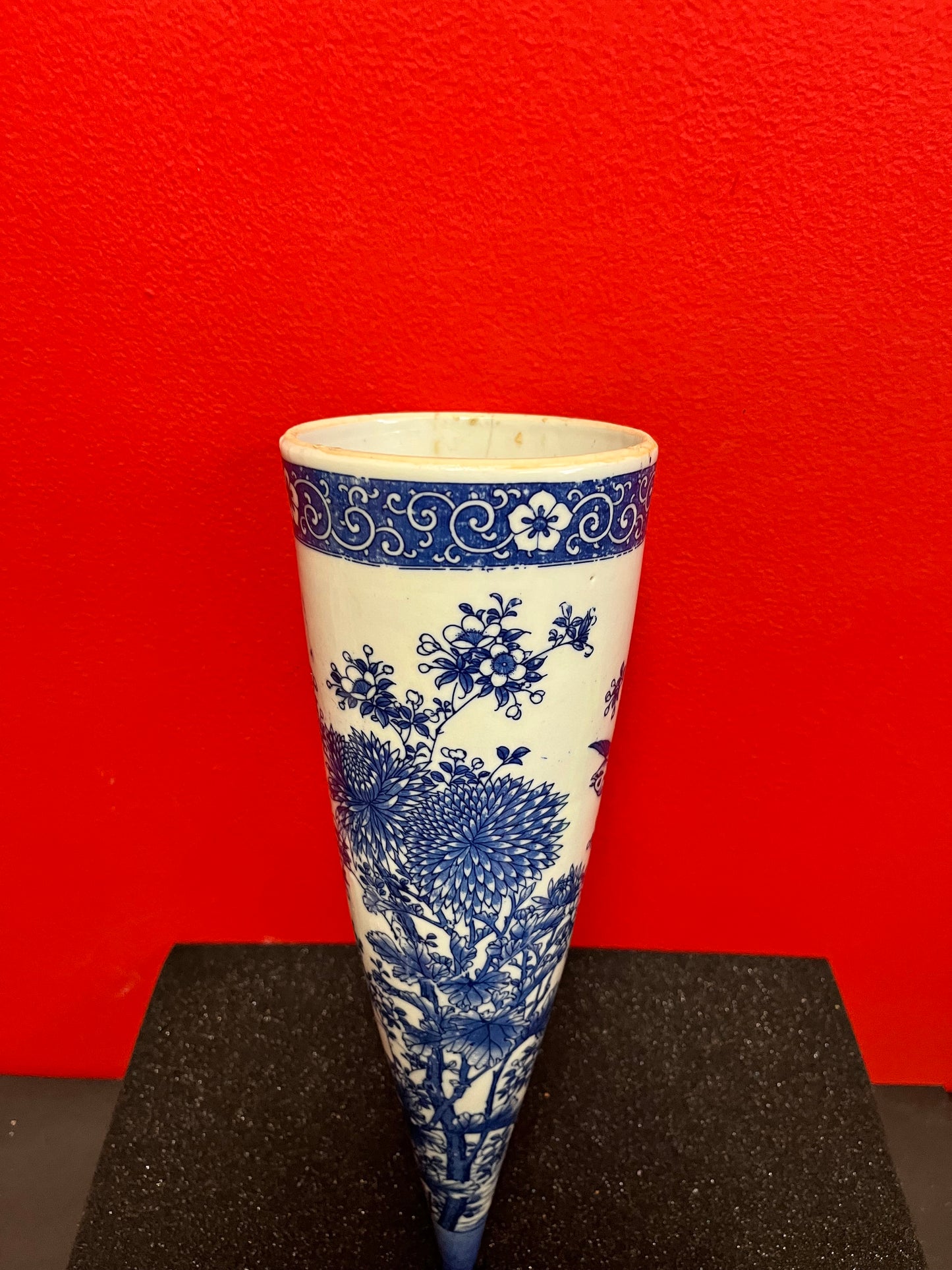 13 inch tall, antique Chinese, beautiful blue and white wall hanging vase with a crack