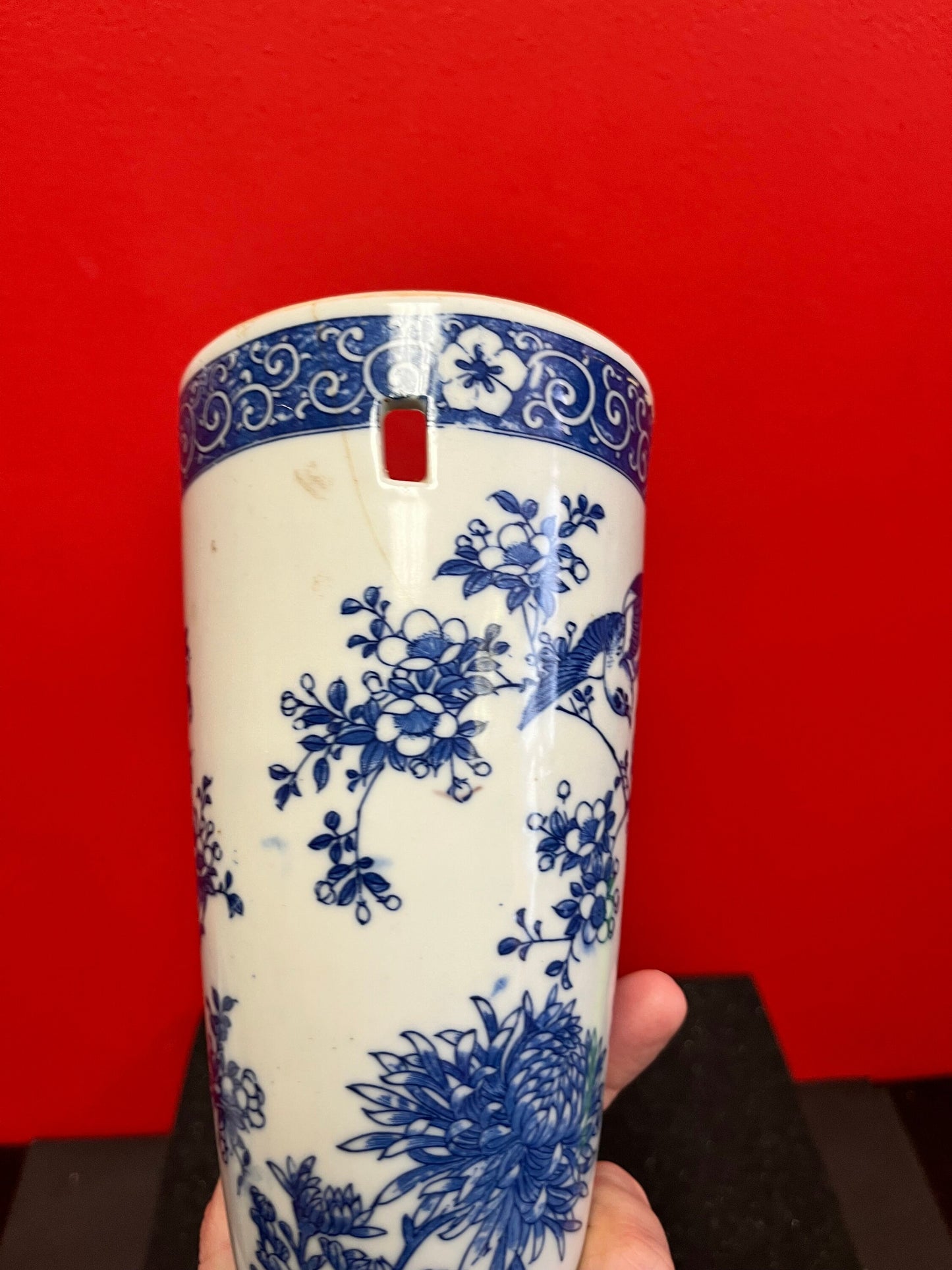 13 inch tall, antique Chinese, beautiful blue and white wall hanging vase with a crack