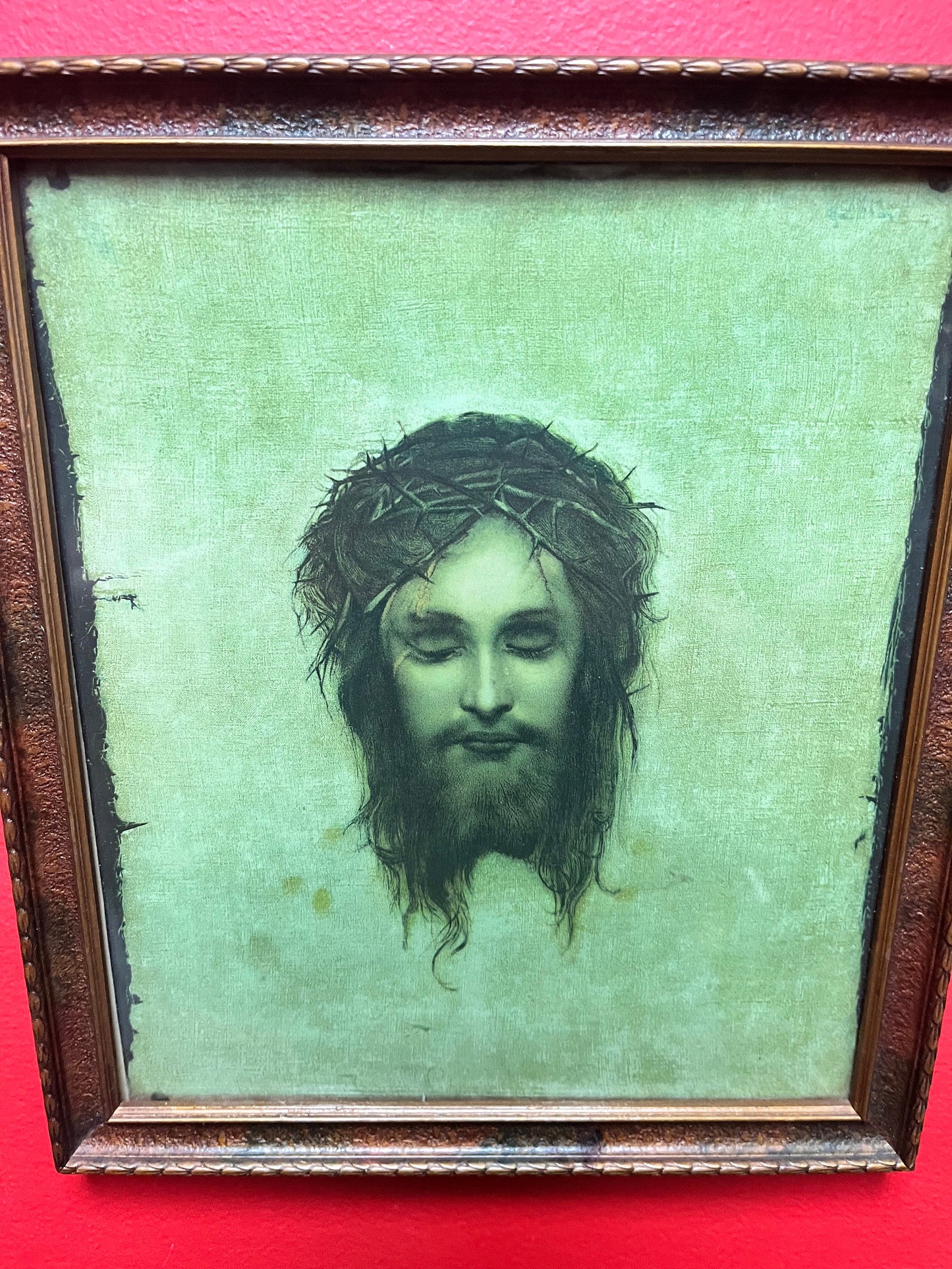 Framed 11 x 10 picture of Jesus with information on back   little loose  very cool