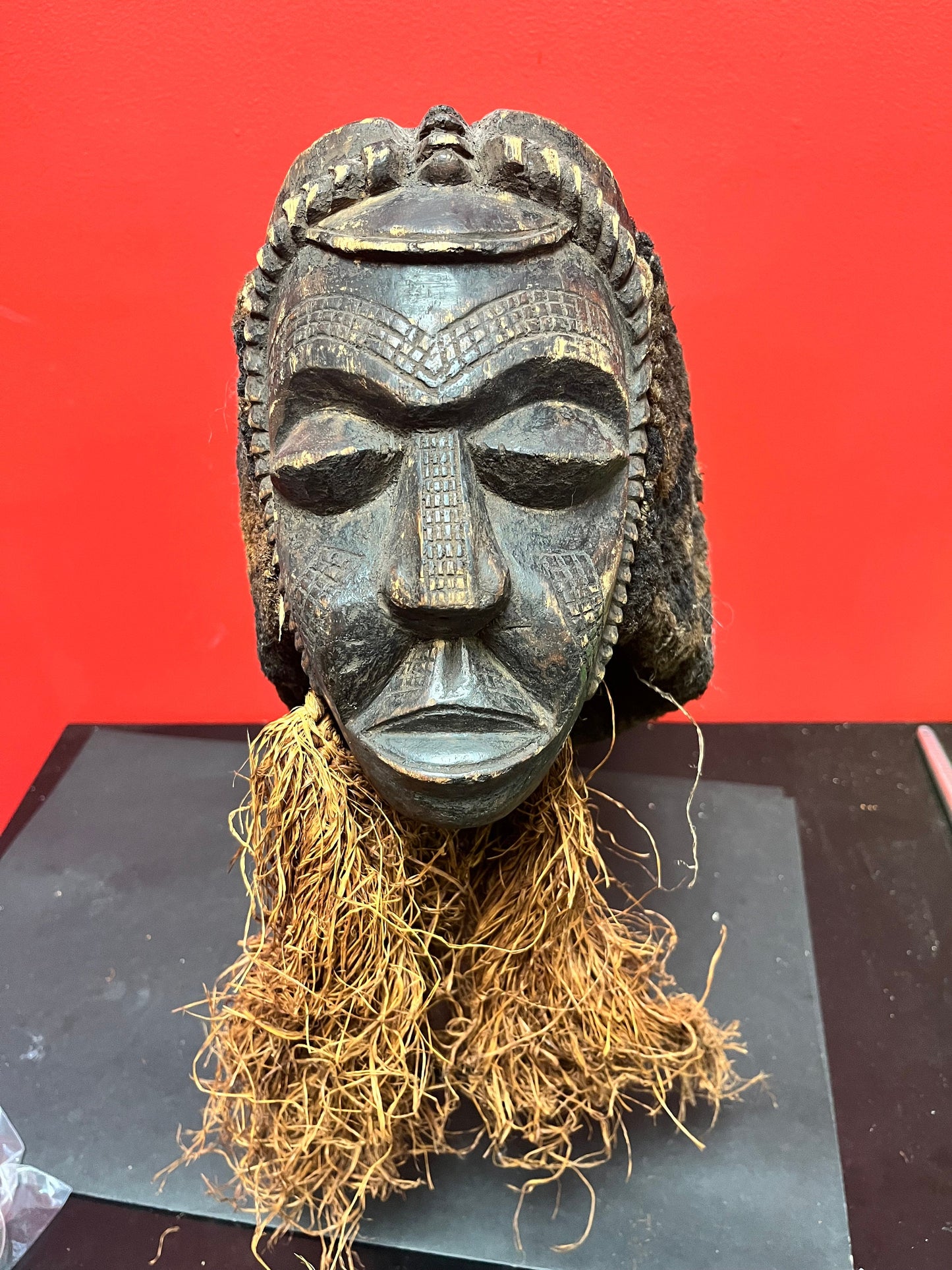 A   Stunning 19 inch high rare African late 19 century ceremonial mask with stand  good condition for age - museum quality