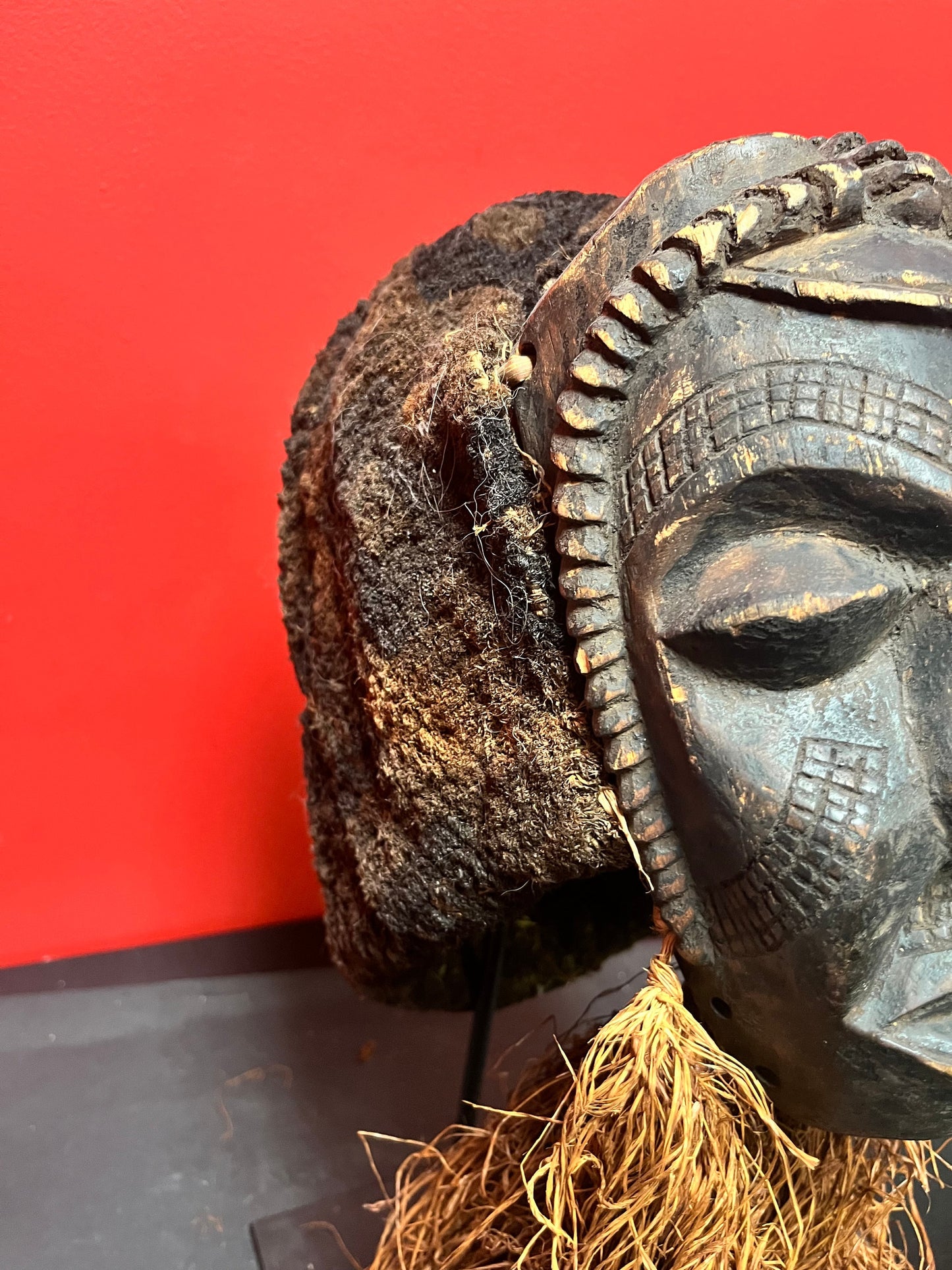 A   Stunning 19 inch high rare African late 19 century ceremonial mask with stand  good condition for age - museum quality