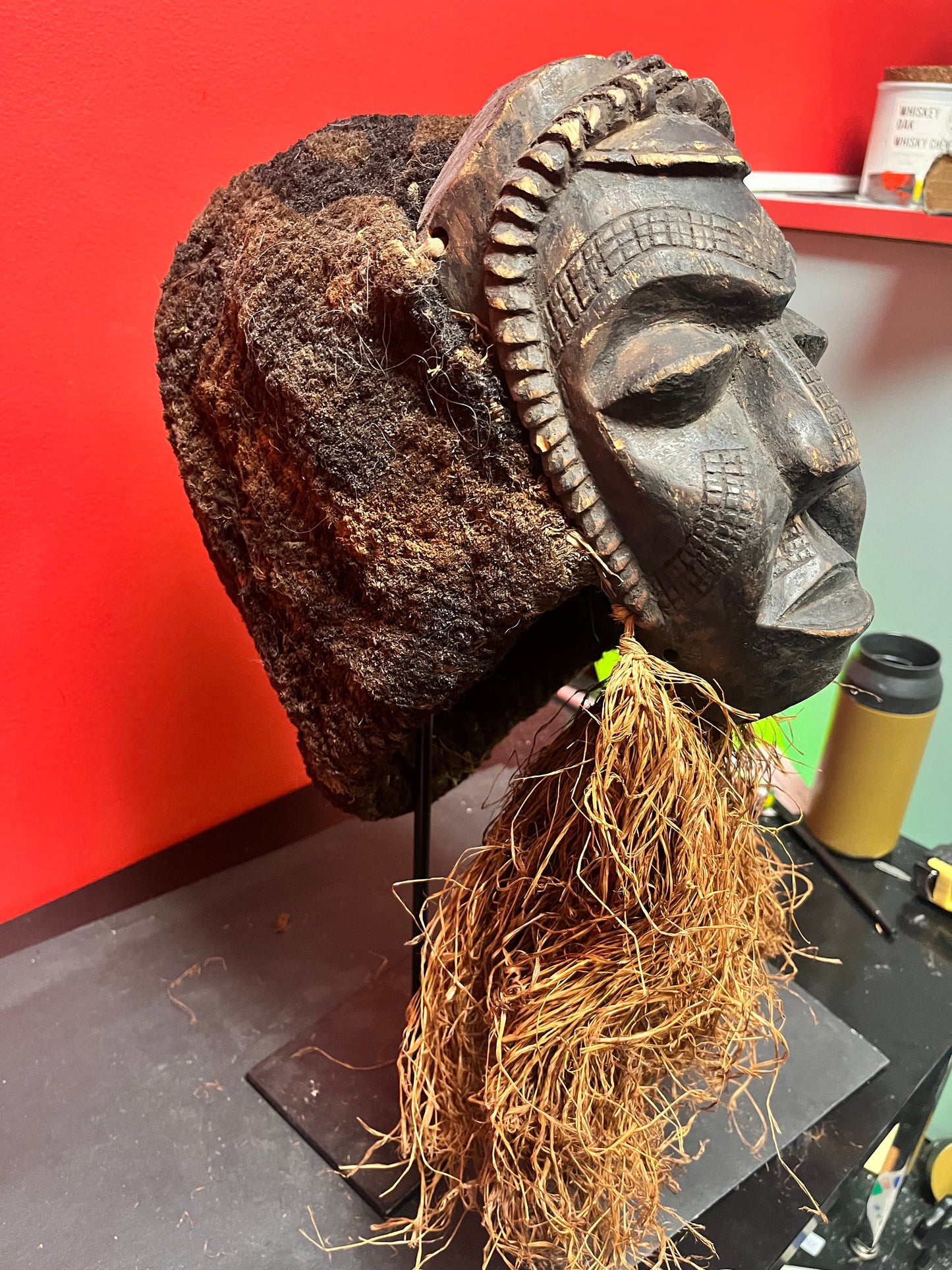 A   Stunning 19 inch high rare African late 19 century ceremonial mask with stand  good condition for age - museum quality