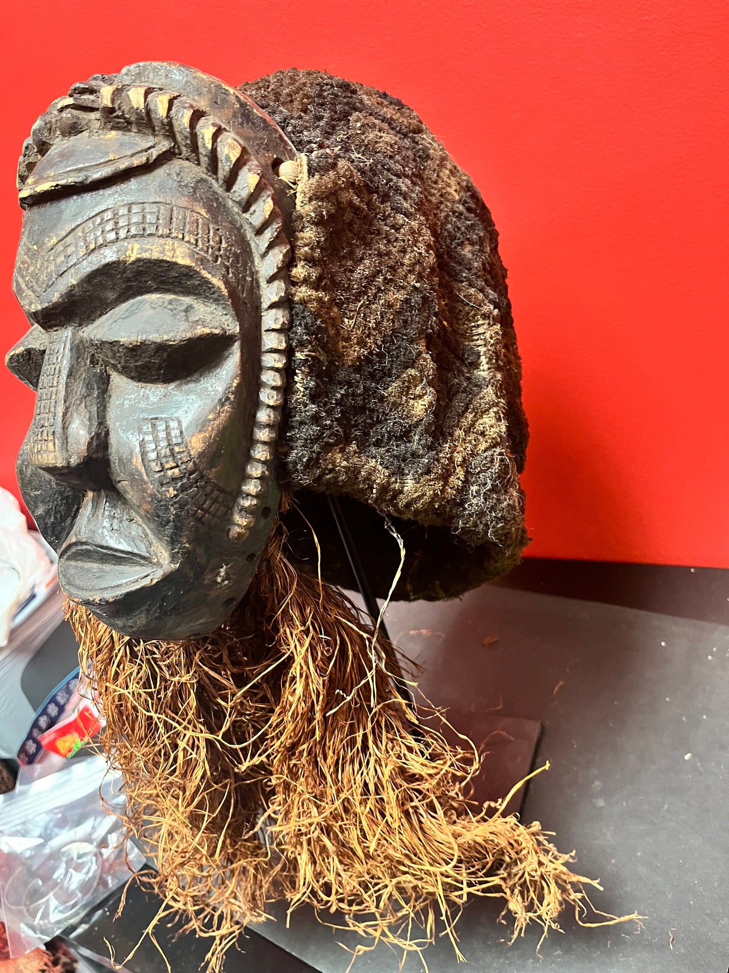 A   Stunning 19 inch high rare African late 19 century ceremonial mask with stand  good condition for age - museum quality