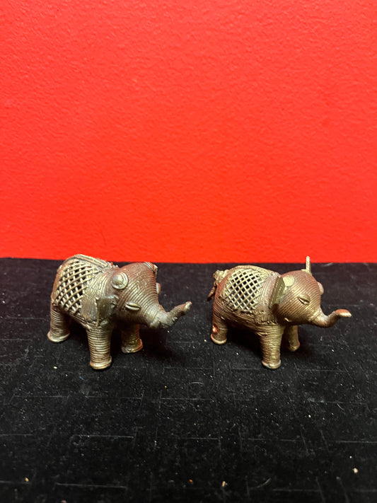 Two lovely African Benin brass elephants  great detail  3  and 3.5 inches long