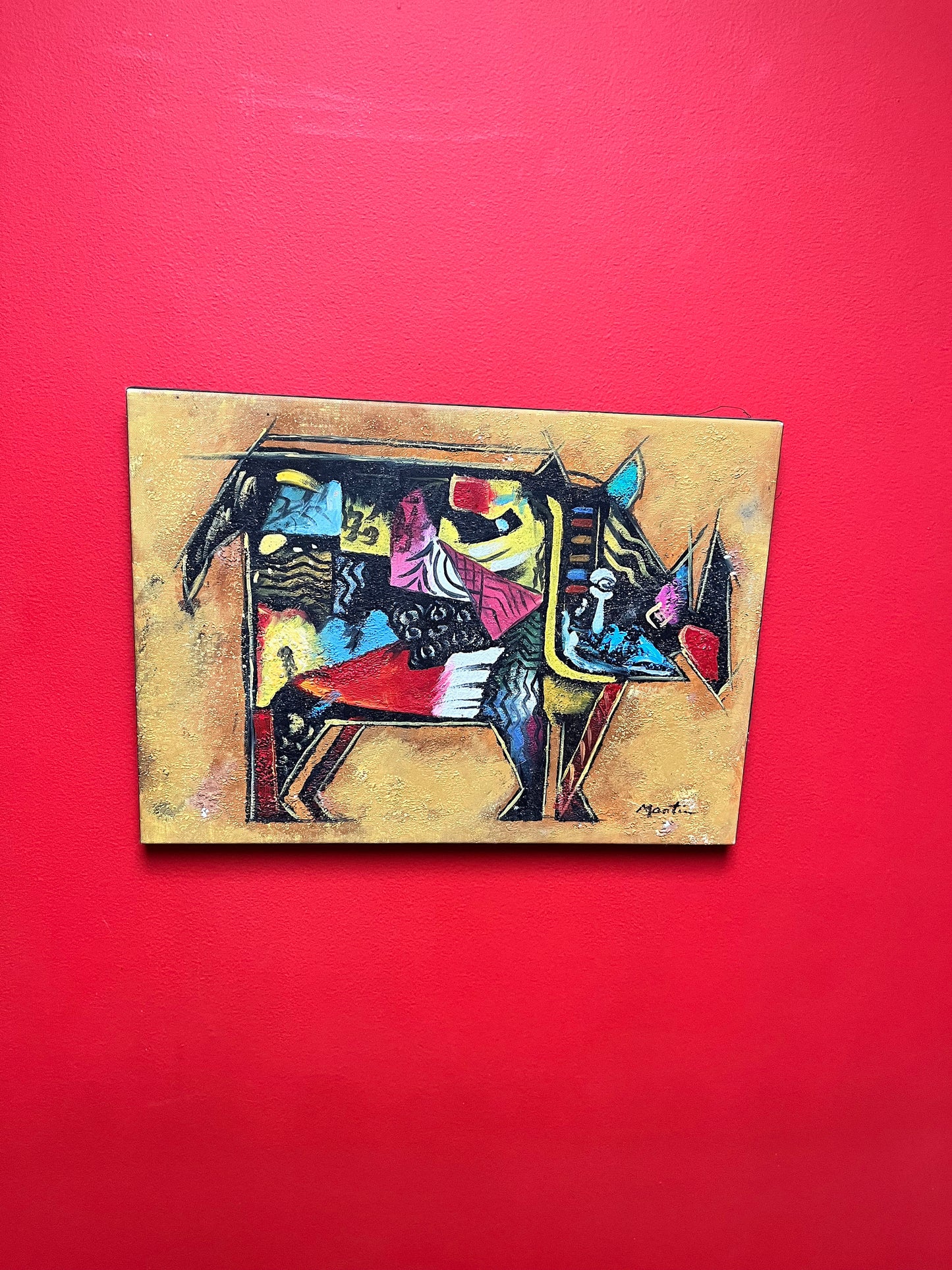 A 17 x 12 x 2 vintage French painting of a rhinoceros in a Picasso style   African art inspiration  amazing piece  couple paint dings