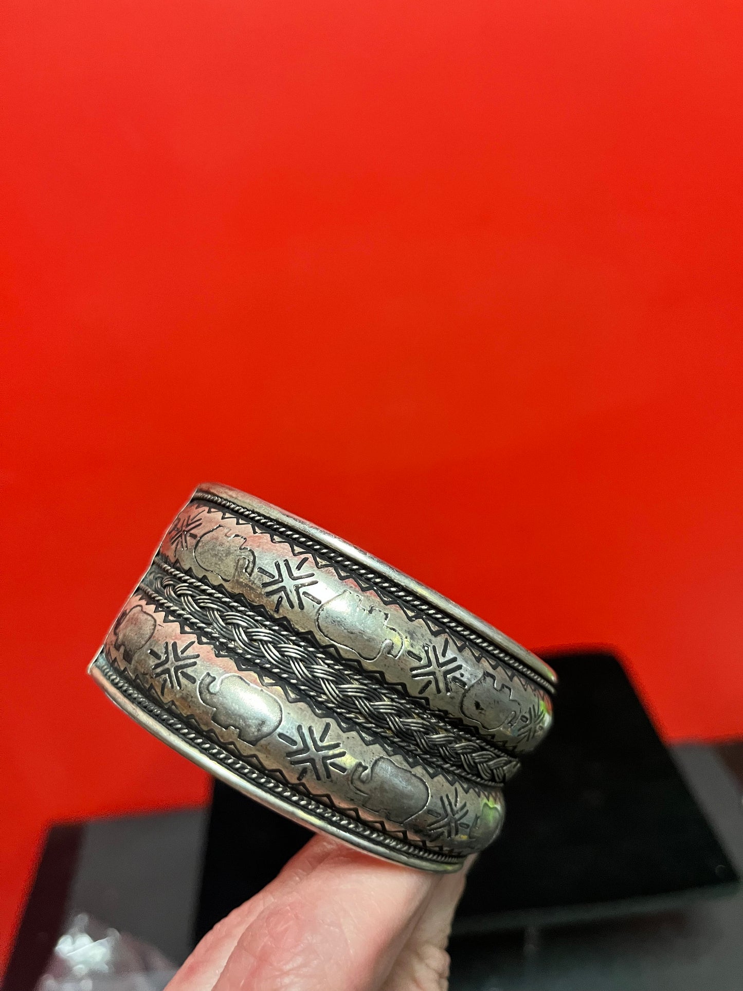 Lodge 3 inch wide, untested Middle Eastern, silver bangle - statement piece