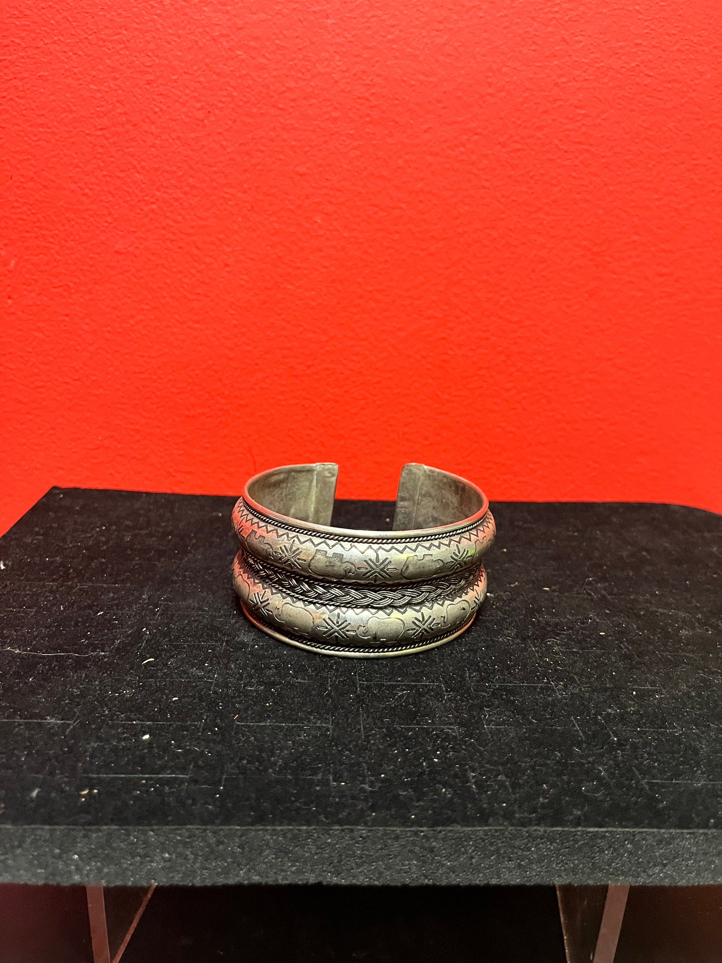 Lodge 3 inch wide, untested Middle Eastern, silver bangle - statement piece