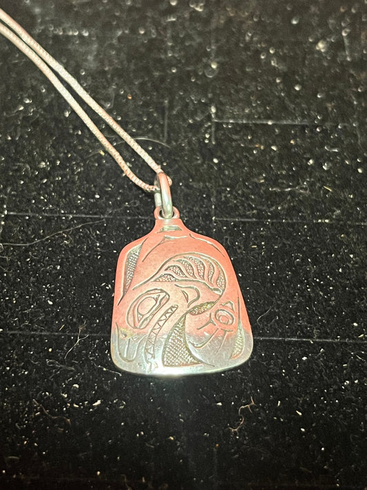 Stunning 1 inch long signed indigenous first nations north west coast  Sterling silver salmon pendant with free chain